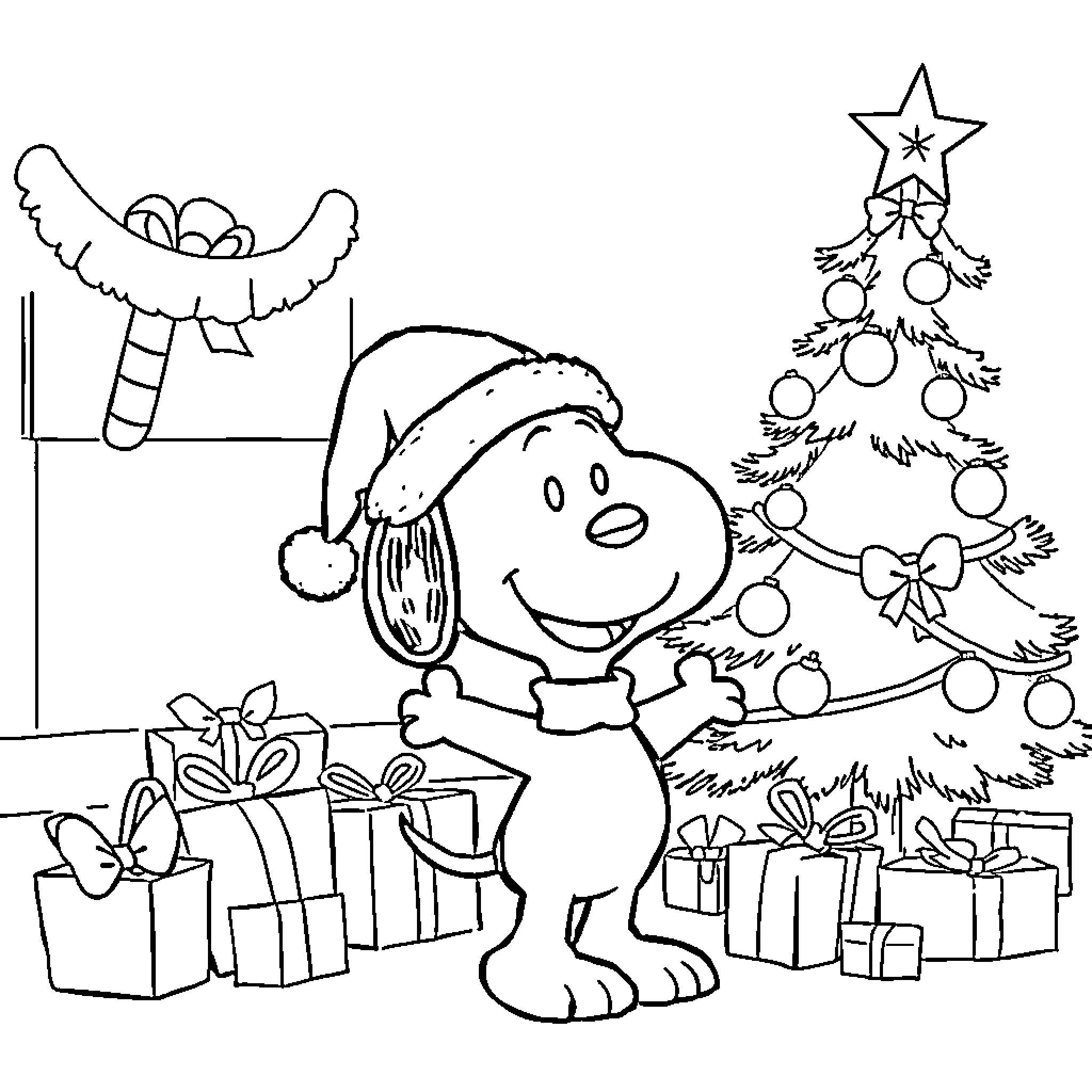 Snoopy decorating Christmas tree with gifts Coloring Page (free black-and-white line drawing printable PDF for all, from beginners to advanced learners, including children, teens, adults, and seniors)