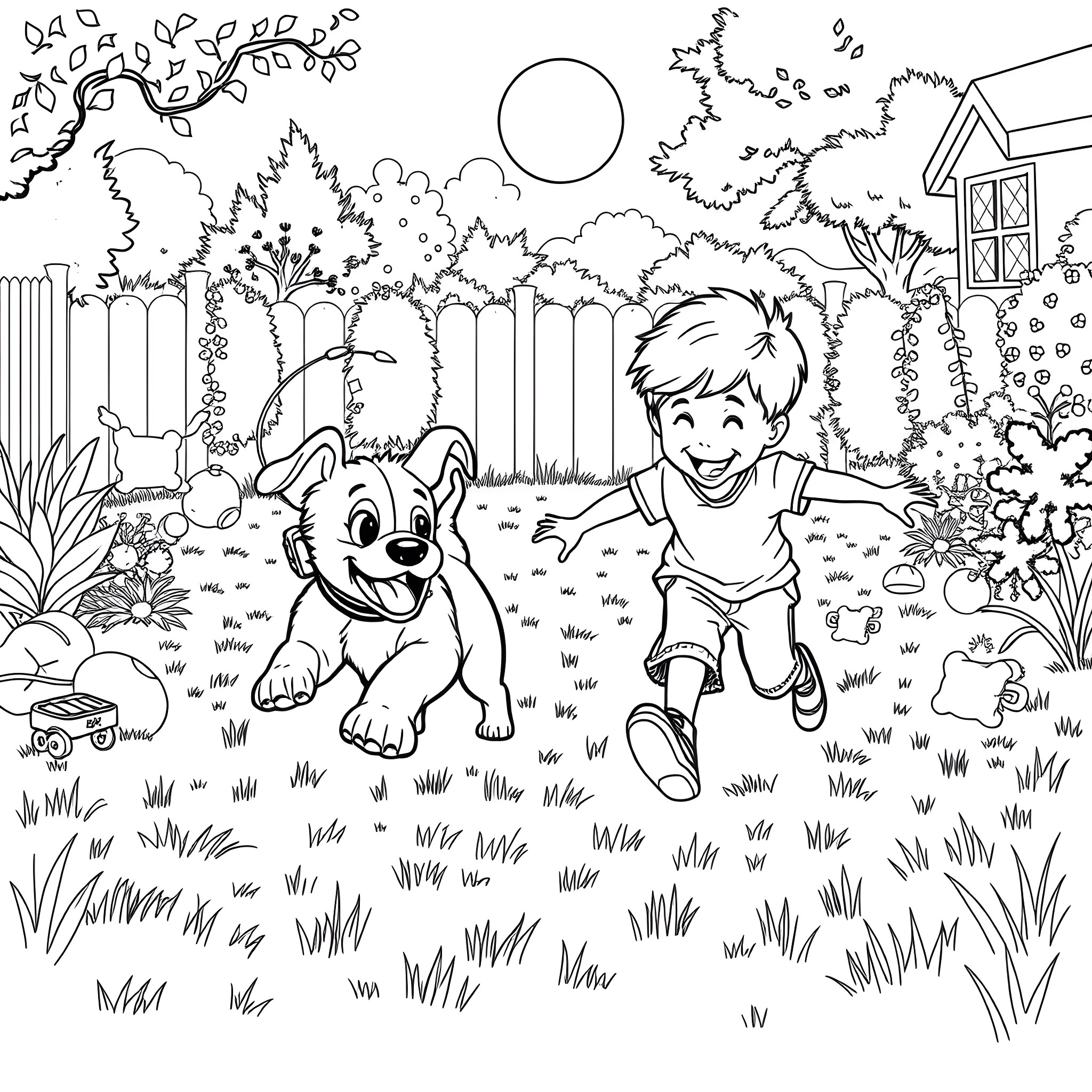 Bluey playing happily with puppy in the garden Coloring Page (free black-and-white line drawing printable PDF for all, from beginners to advanced learners, including children, teens, adults, and seniors)