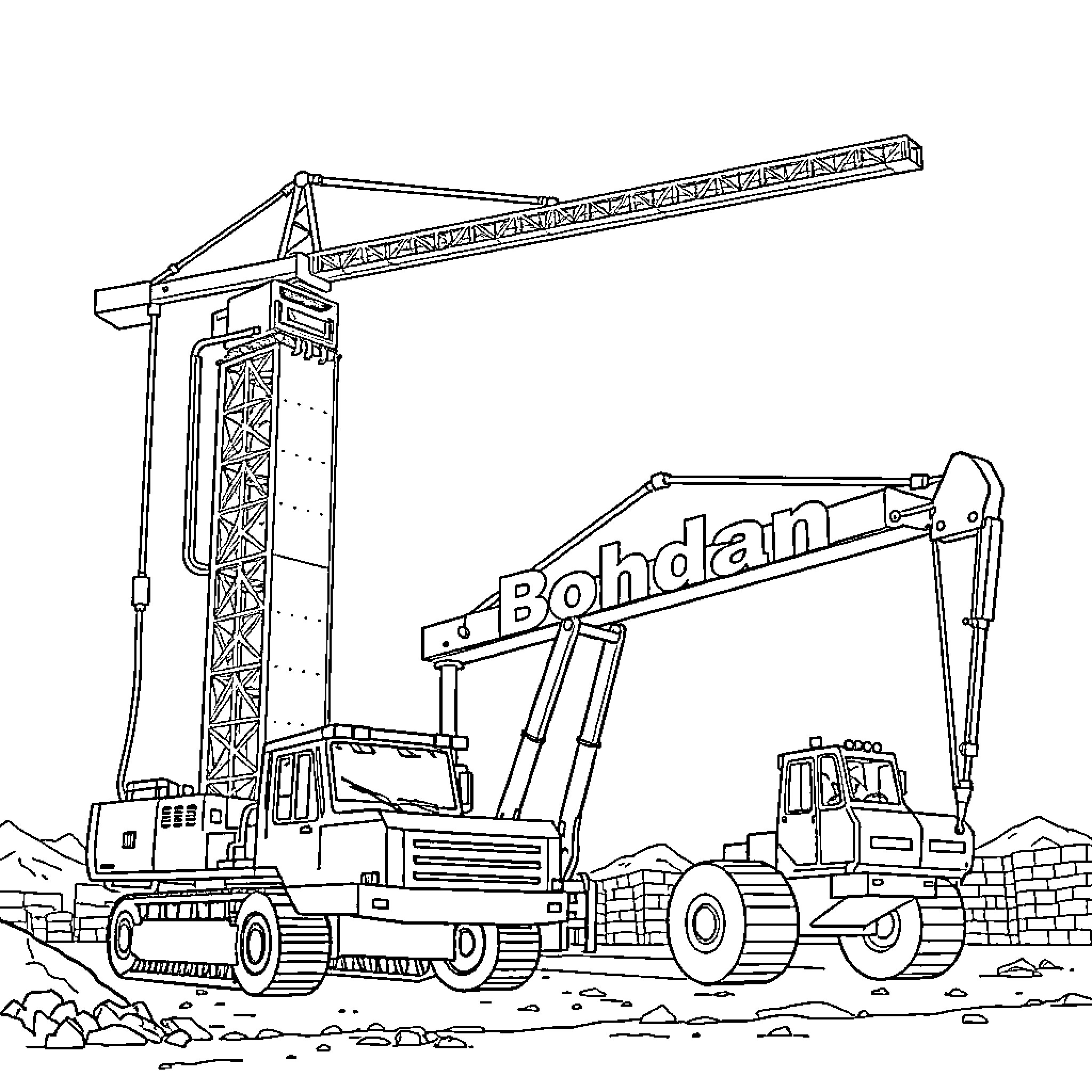 Construction Equipment Operated by Construction Workers on Site Coloring Page (free black-and-white line drawing printable PDF for all, from beginners to advanced learners, including children, teens, adults, and seniors)