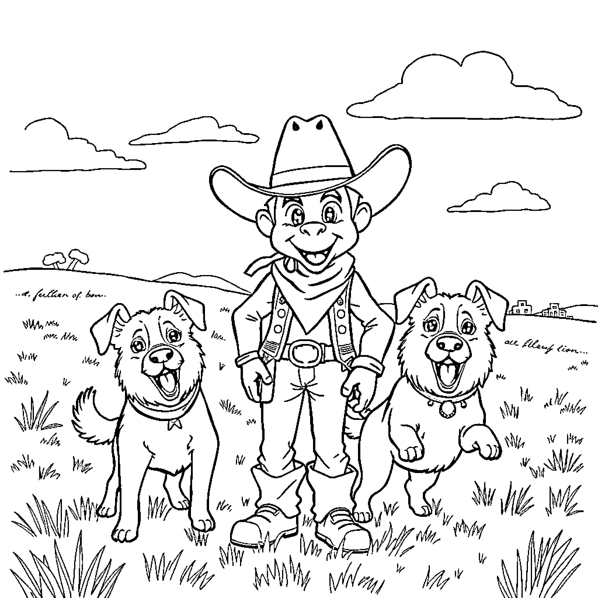 Buckaroo Beau and His Canine Companions in the Countryside Coloring Page (free black-and-white line drawing printable PDF for all, from beginners to advanced learners, including children, teens, adults, and seniors)