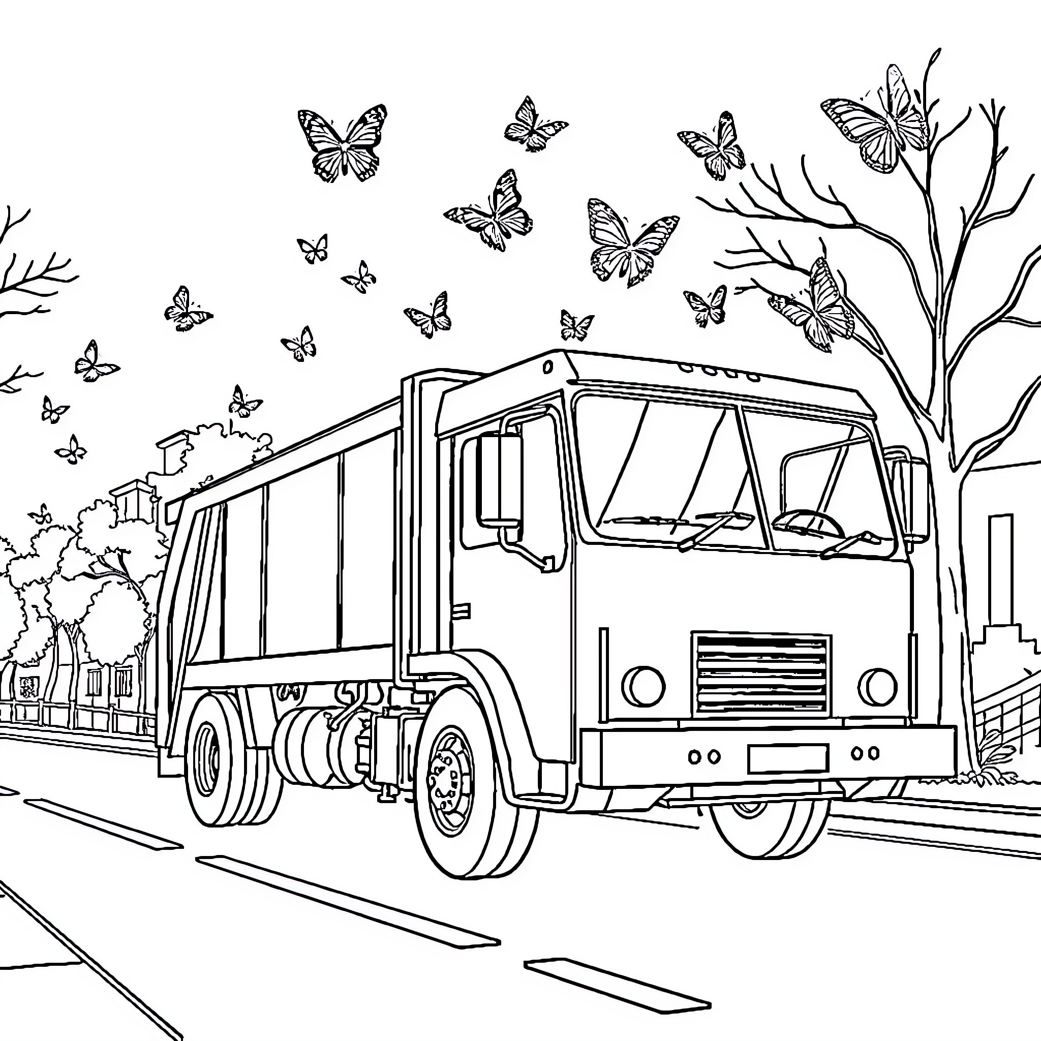 Trash Truck Carrying Butterflies Down the Road Coloring Page (free black-and-white line drawing printable PDF for all, from beginners to advanced learners, including children, teens, adults, and seniors)