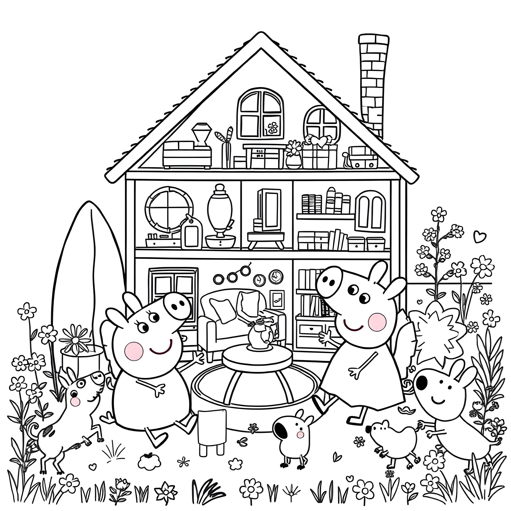 Peppa Pig family enjoying outdoor activities at home Coloring Page (free black-and-white line drawing printable PDF for all, from beginners to advanced learners, including children, teens, adults, and seniors)