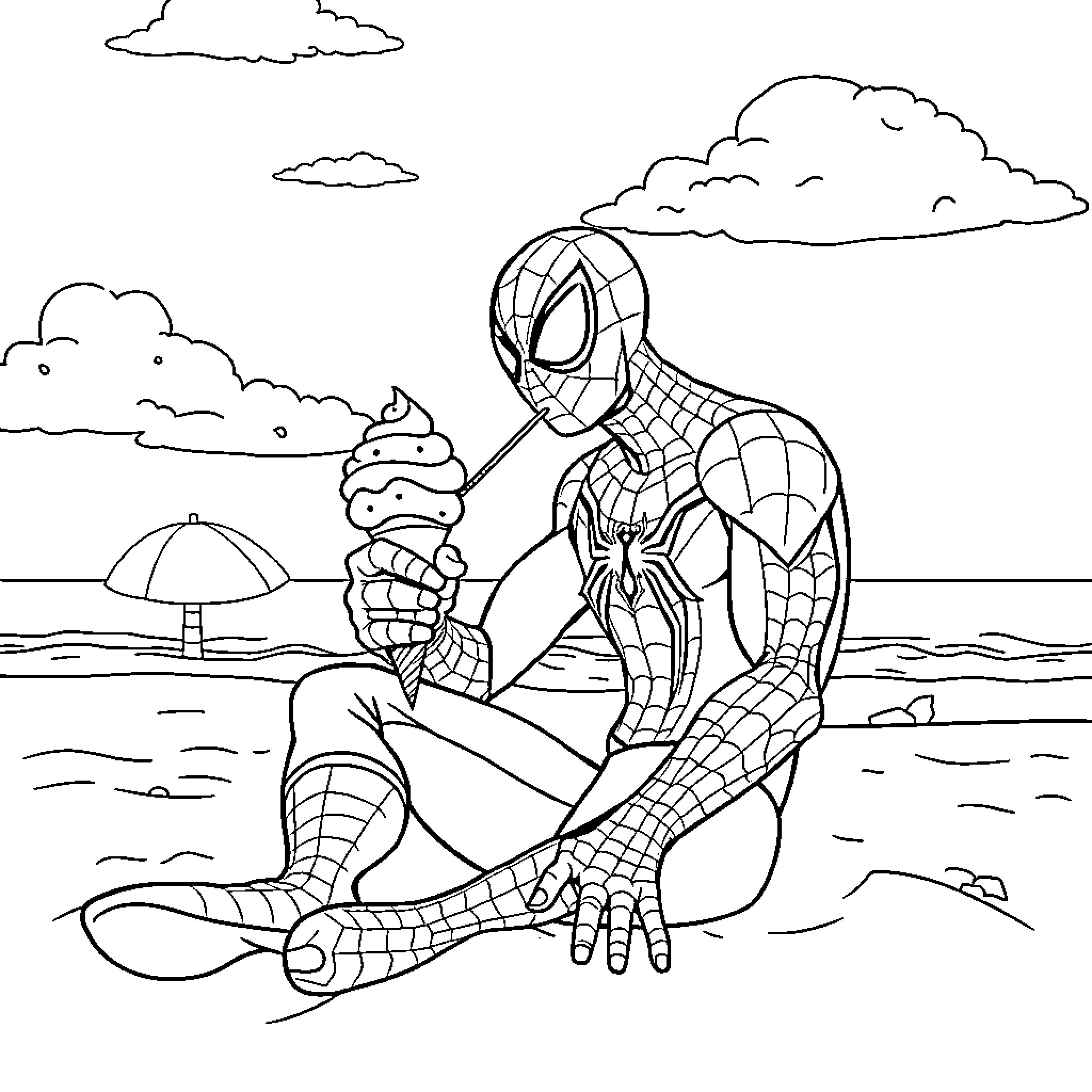 Spiderman relaxing on the beach Coloring Page (free black-and-white line drawing printable PDF for all, from beginners to advanced learners, including children, teens, adults, and seniors)