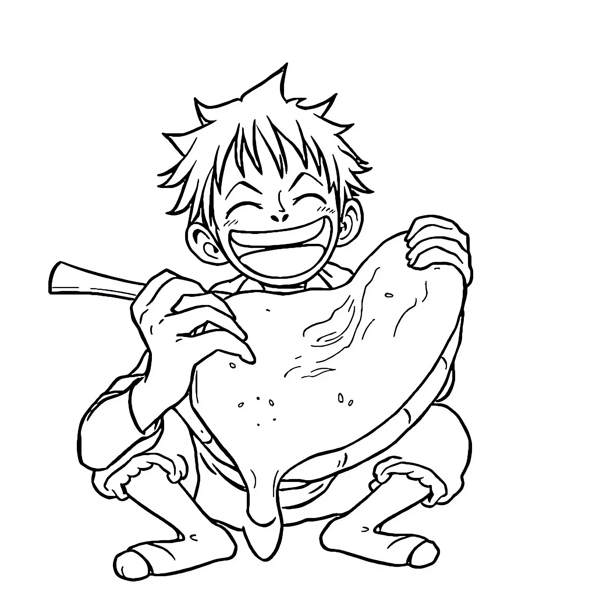 Monkey D Luffy playfully stretching and smiling Coloring Page (free black-and-white line drawing printable PDF for all, from beginners to advanced learners, including children, teens, adults, and seniors)