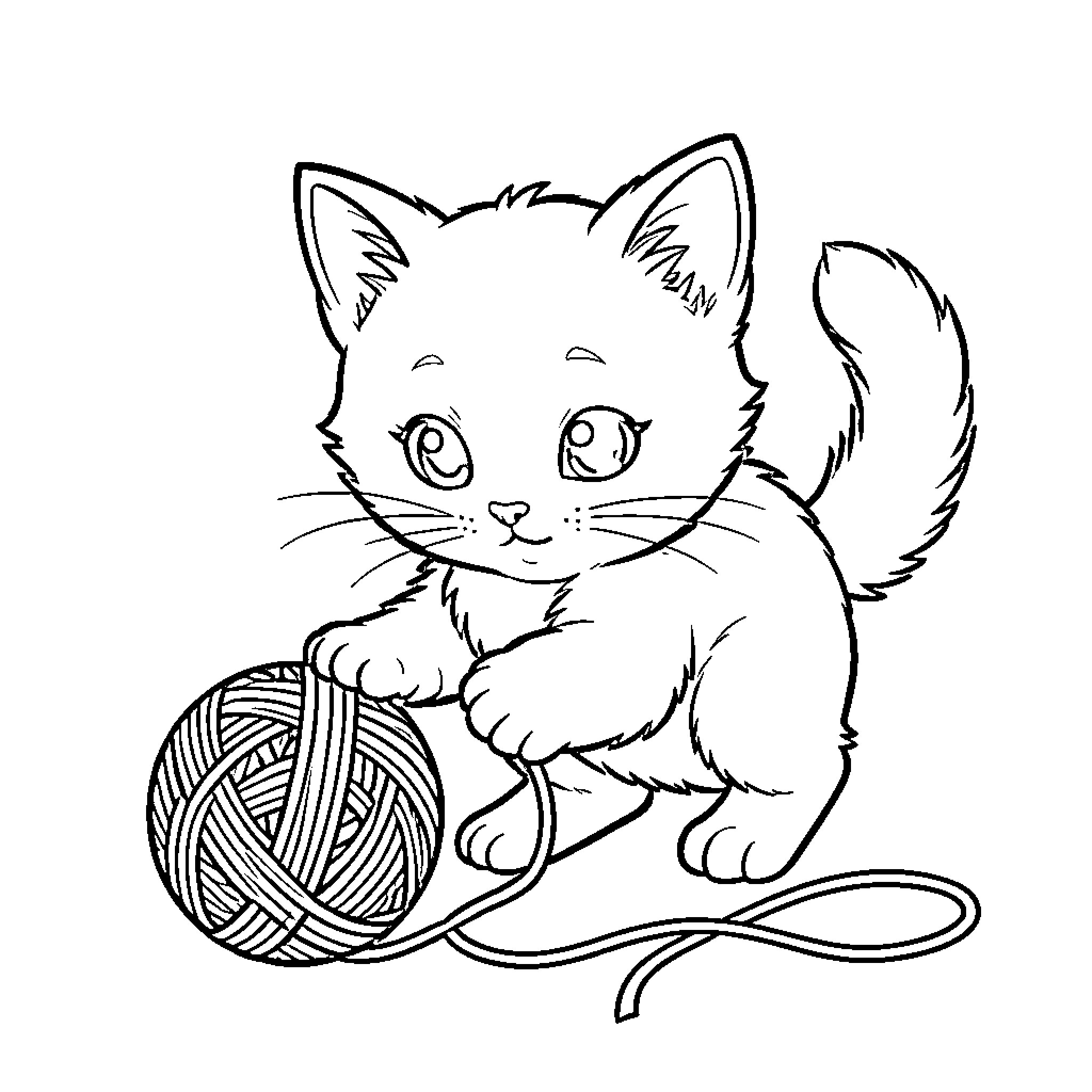 Kitten playing with a ball of yarn Coloring Page (free black-and-white line drawing printable PDF for all, from beginners to advanced learners, including children, teens, adults, and seniors)