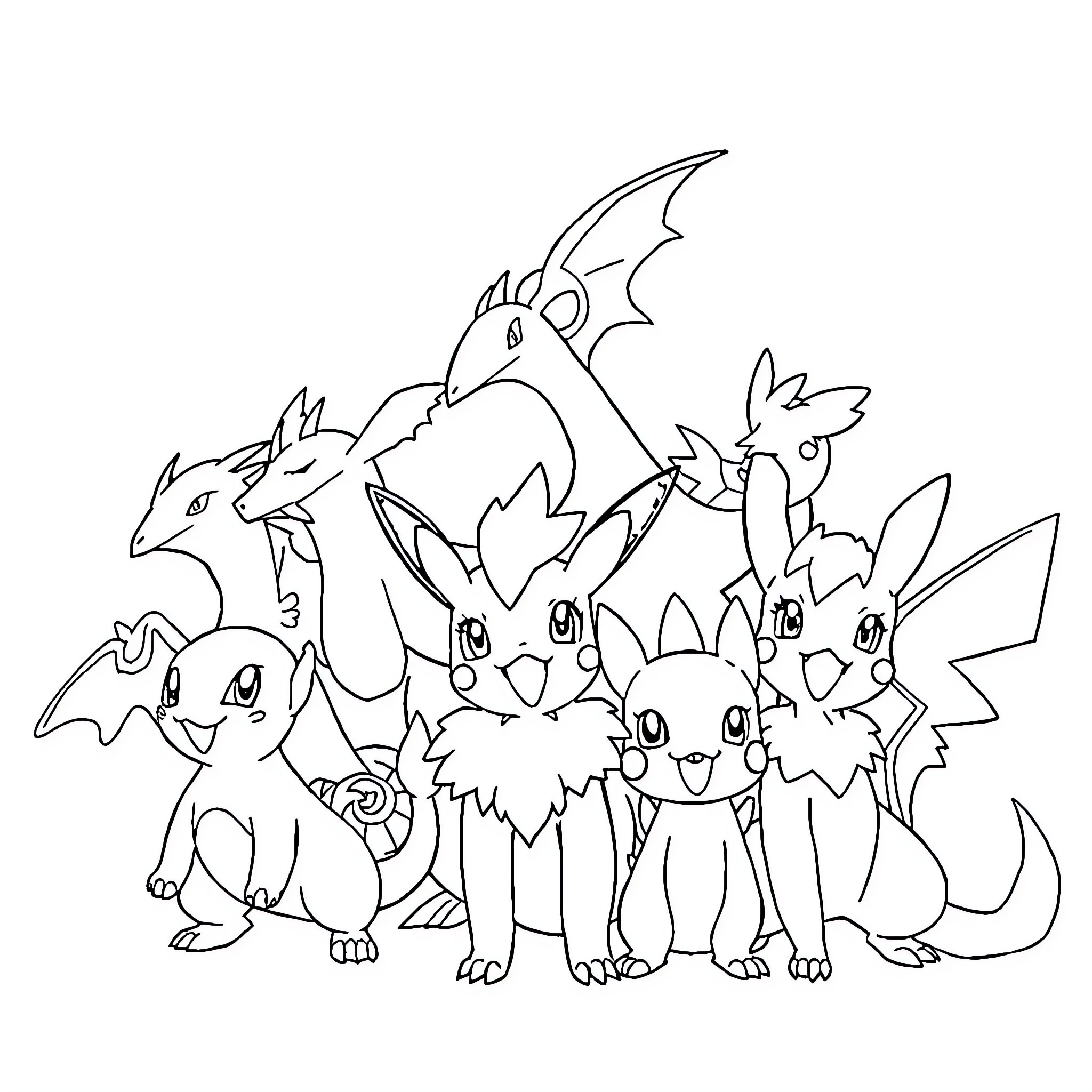 Pokémon characters gathered in a group Coloring Page (free black-and-white line drawing printable PDF for all, from beginners to advanced learners, including children, teens, adults, and seniors)