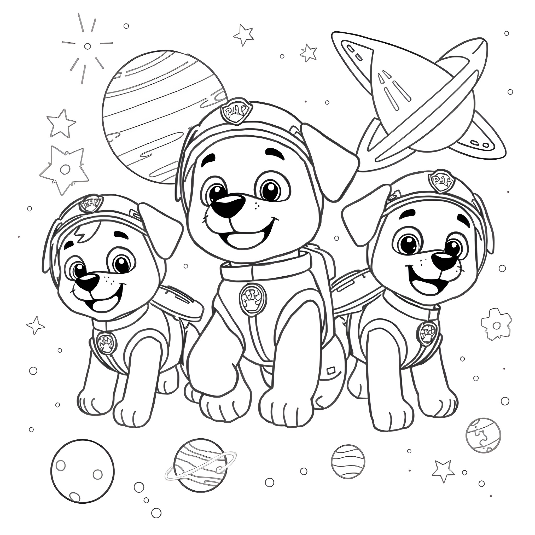 Paw Patrol Puppies Exploring Outer Space Coloring Page (free black-and-white line drawing printable PDF for all, from beginners to advanced learners, including children, teens, adults, and seniors)