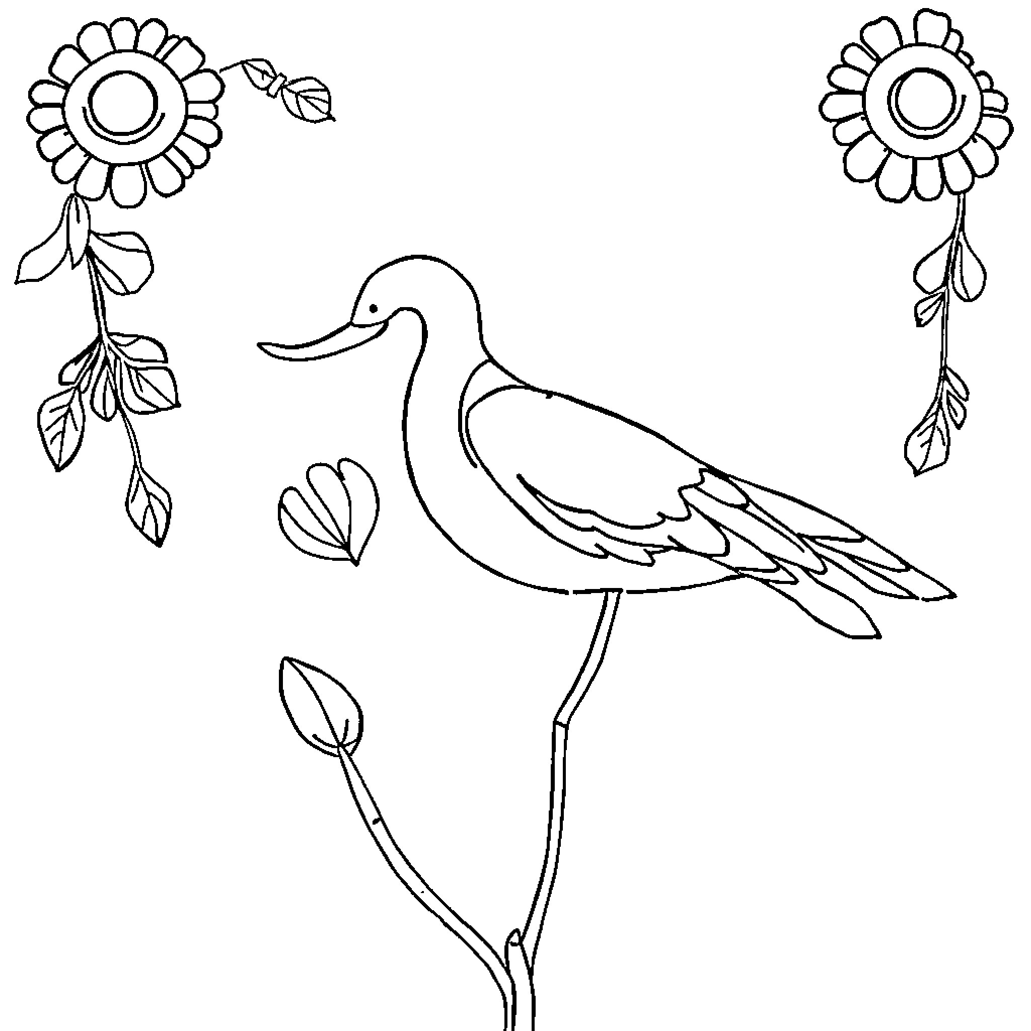 Drawing of a duck amidst flowers Coloring Page (free black-and-white line drawing printable PDF for all, from beginners to advanced learners, including children, teens, adults, and seniors)