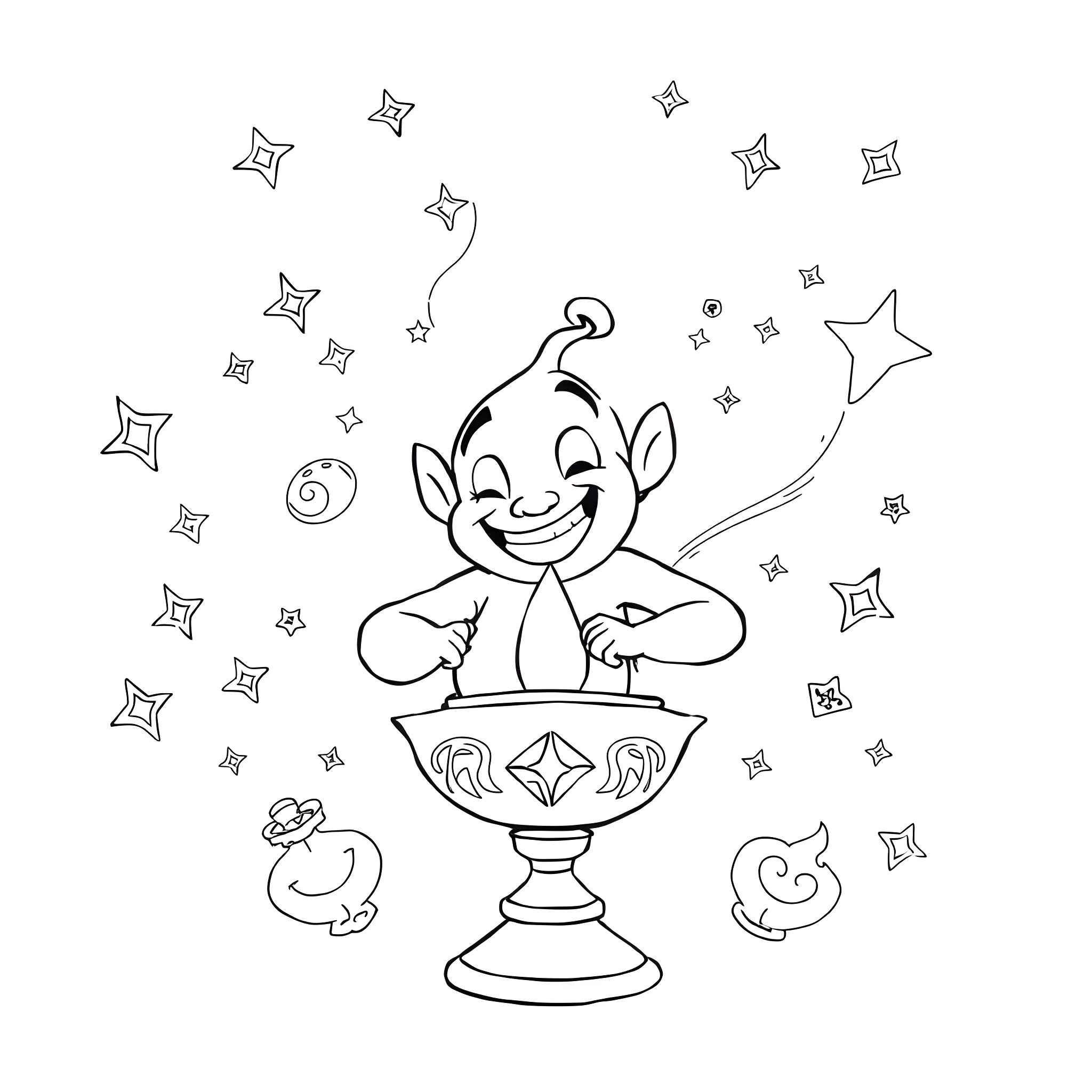 Genie granting wishes among the stars Coloring Page (free black-and-white line drawing printable PDF for all, from beginners to advanced learners, including children, teens, adults, and seniors)