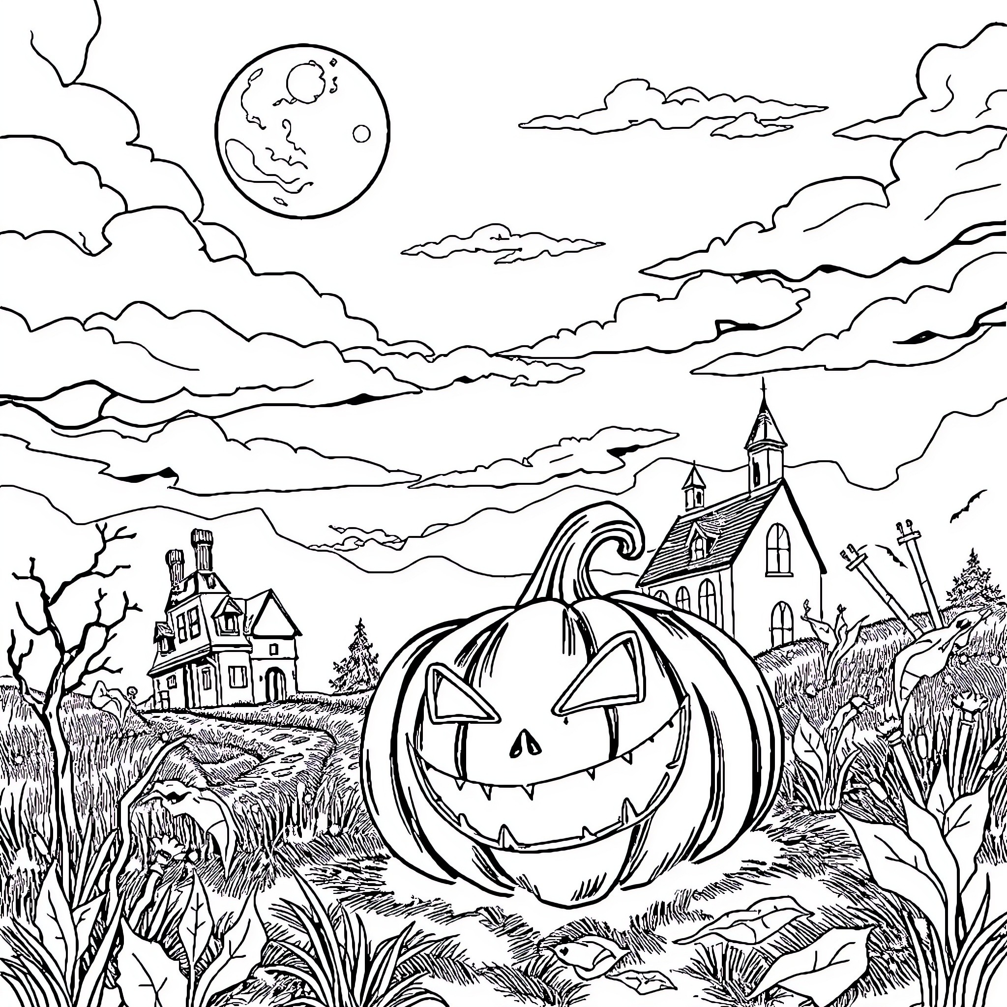 Pumpkin in Spooky Autumn Landscape Coloring Page (free black-and-white line drawing printable PDF for all, from beginners to advanced learners, including children, teens, adults, and seniors)