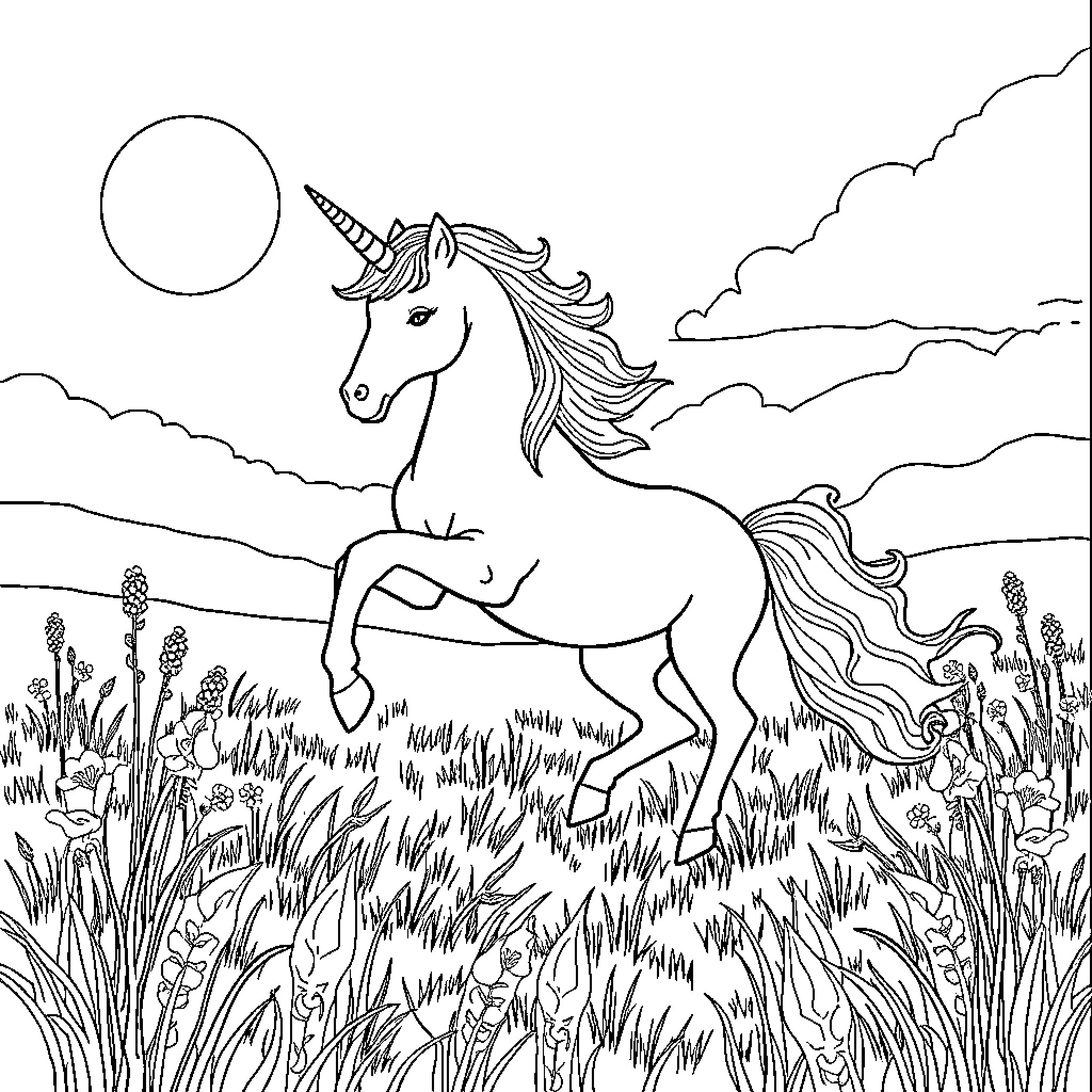Unicorn prancing through a magical meadow Coloring Page (free black-and-white line drawing printable PDF for all, from beginners to advanced learners, including children, teens, adults, and seniors)