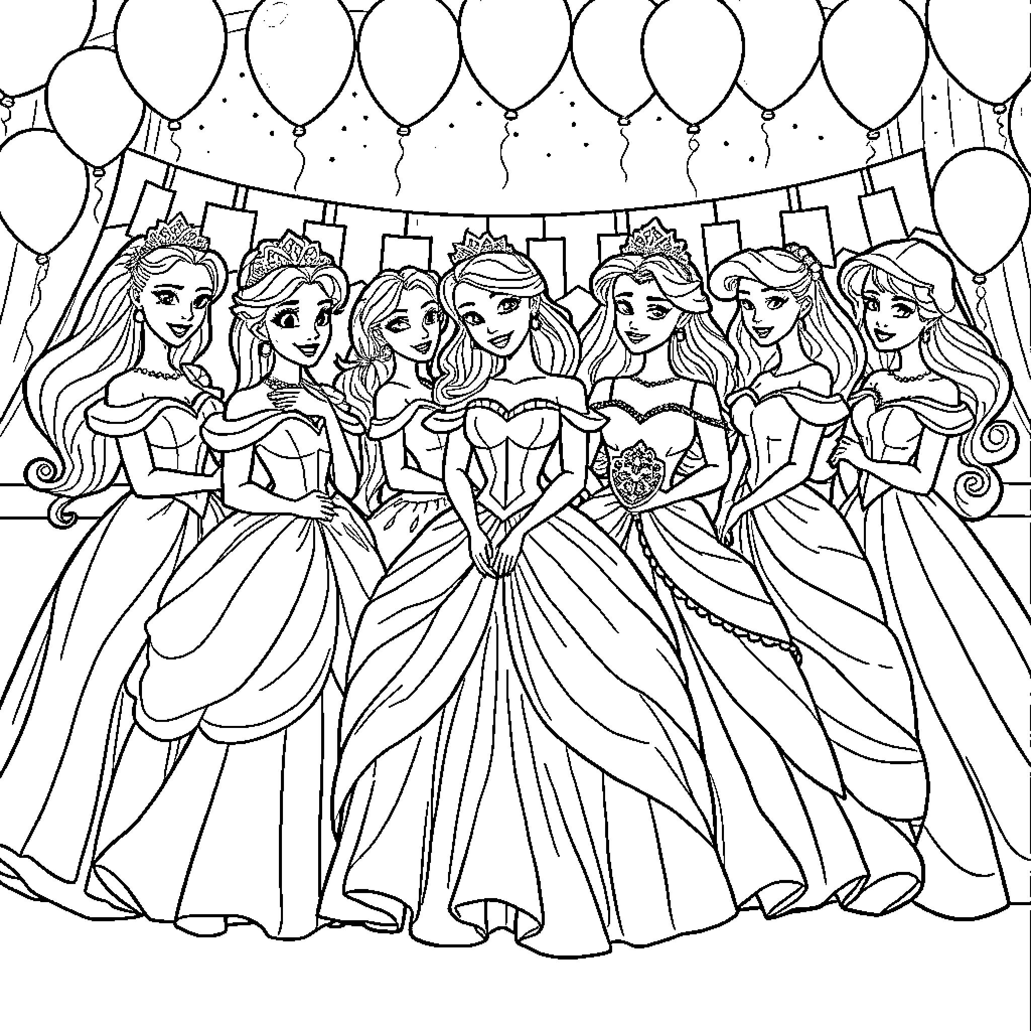 Princess Celebration with Elegant Dresses and Balloons Coloring Page (free black-and-white line drawing printable PDF for all, from beginners to advanced learners, including children, teens, adults, and seniors)