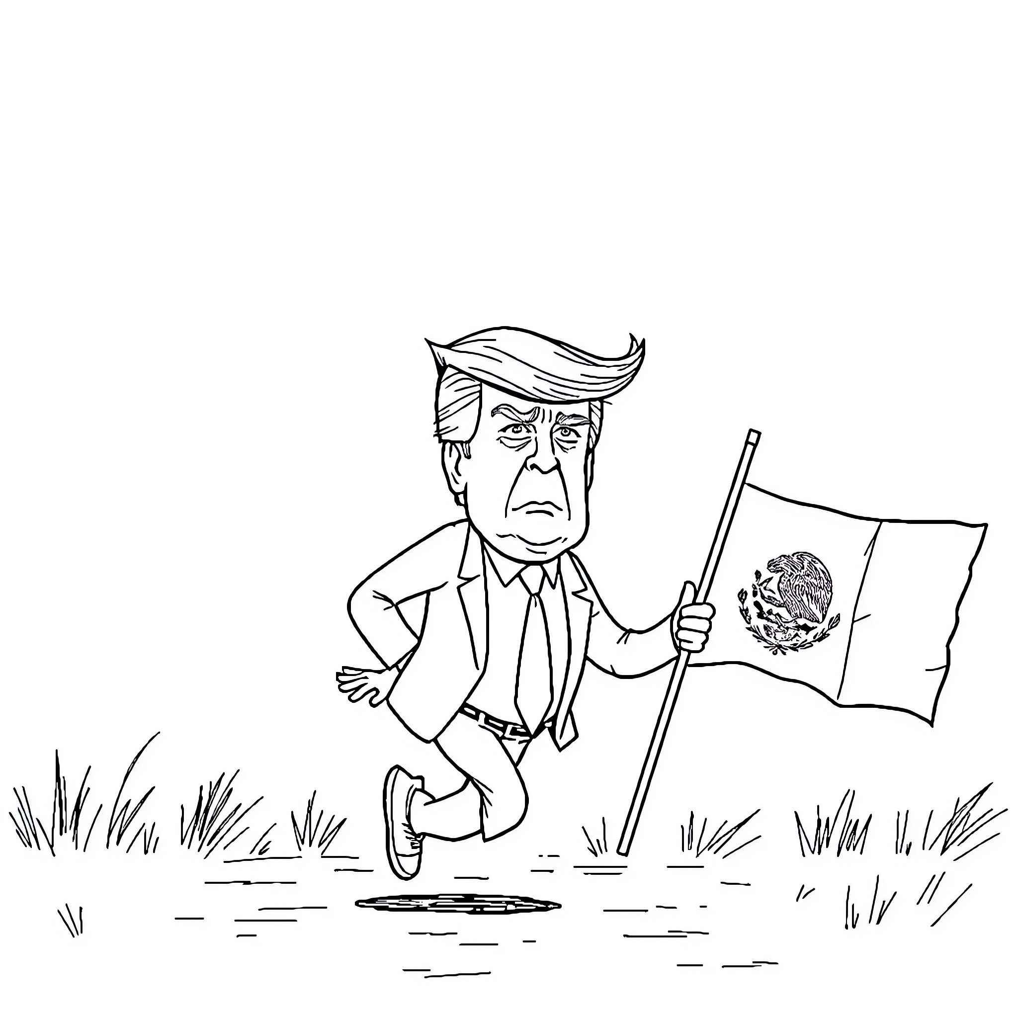 Trump waving Mexican flag with serious expression Coloring Page (free black-and-white line drawing printable PDF for all, from beginners to advanced learners, including children, teens, adults, and seniors)