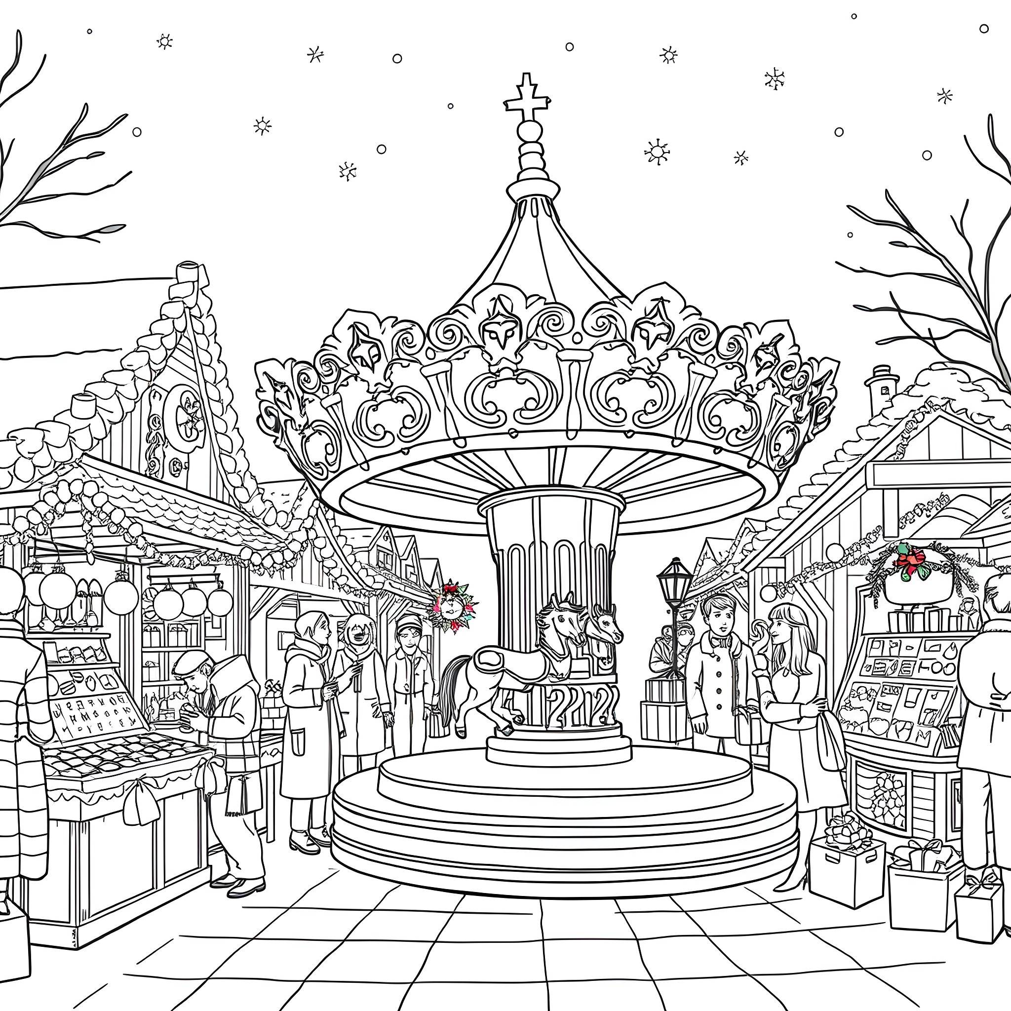 Carousel scene with winter decorations and people Coloring Page (free black-and-white line drawing printable PDF for all, from beginners to advanced learners, including children, teens, adults, and seniors)