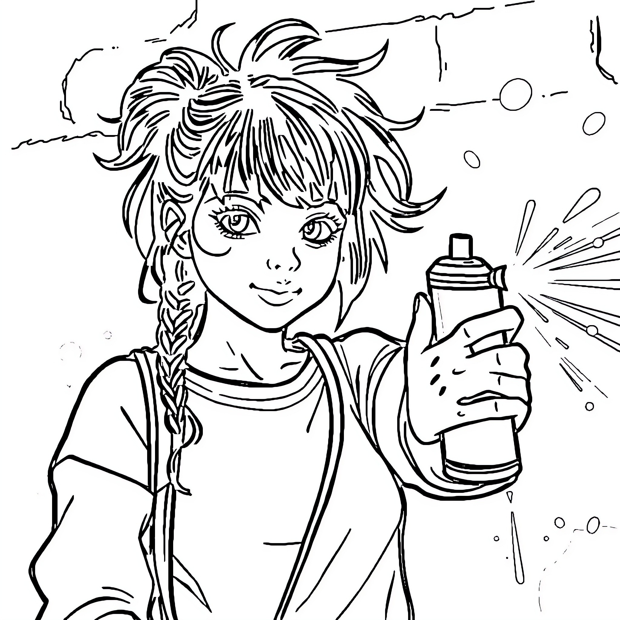 Lady spraying paint in a creative way Coloring Page (free black-and-white line drawing printable PDF for all, from beginners to advanced learners, including children, teens, adults, and seniors)