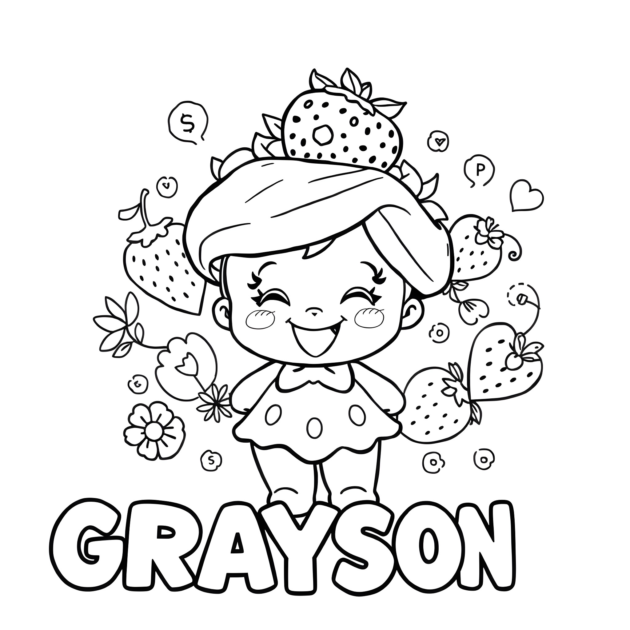 Strawberry Shortcake cheerful and playful with strawberries Coloring Page (free black-and-white line drawing printable PDF for all, from beginners to advanced learners, including children, teens, adults, and seniors)