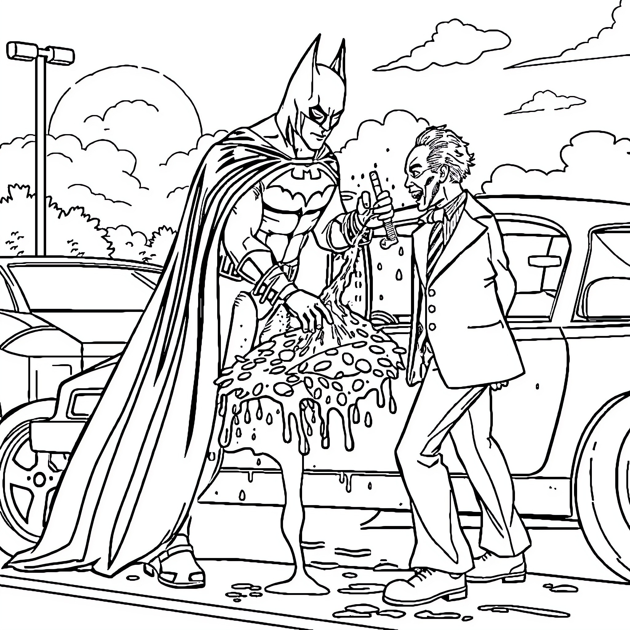 Batman confronting a villainous figure in a dramatic scene Coloring Page (free black-and-white line drawing printable PDF for all, from beginners to advanced learners, including children, teens, adults, and seniors)