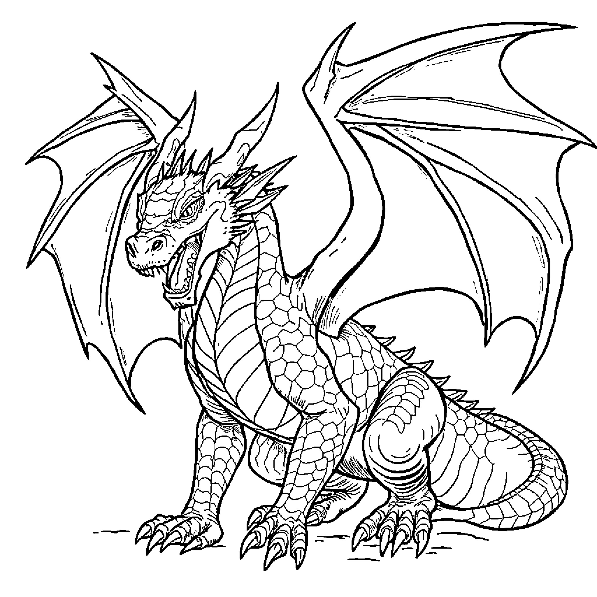 Dragon Roaring Fiercely with Outstretched Wings Coloring Page (free black-and-white line drawing printable PDF for all, from beginners to advanced learners, including children, teens, adults, and seniors)