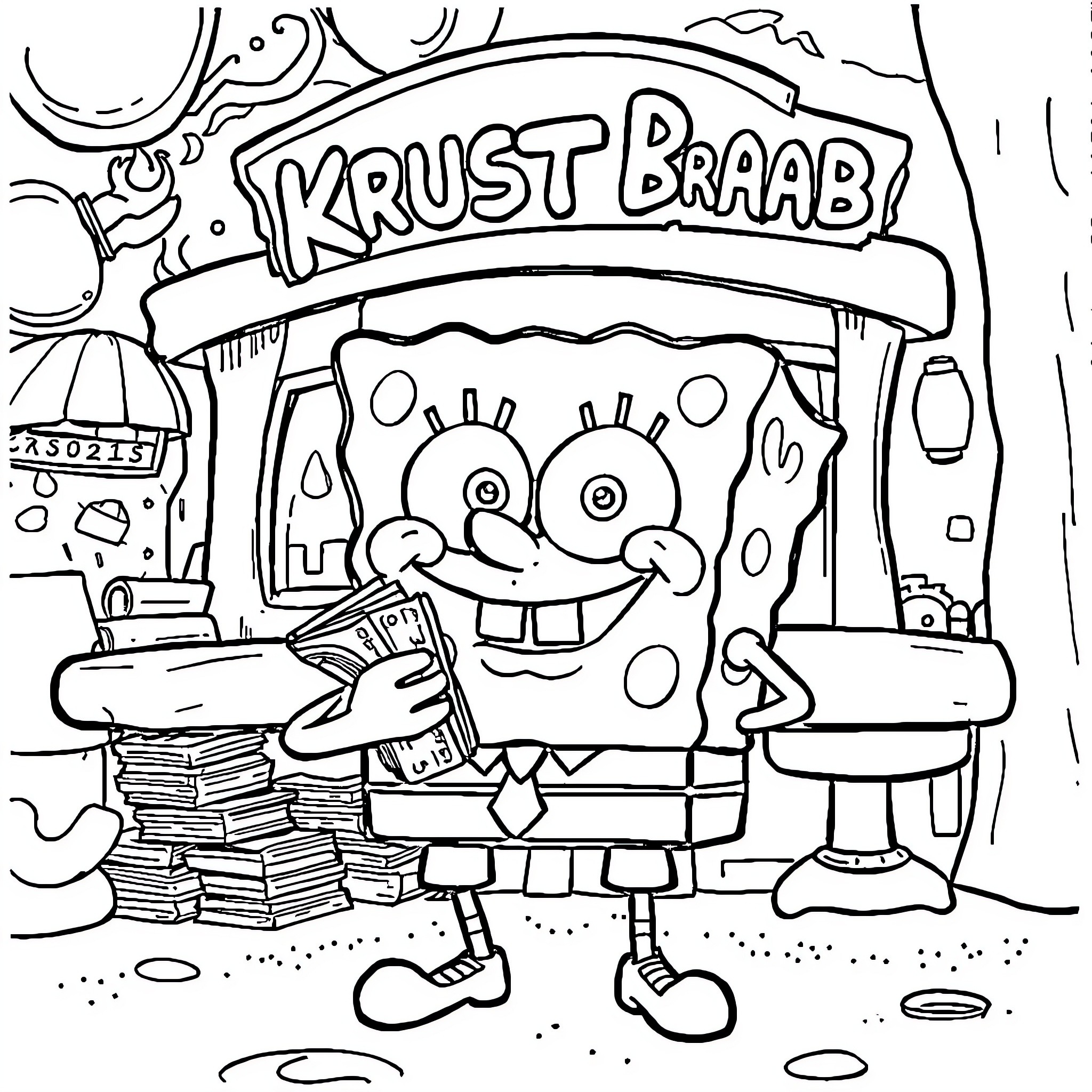 Spongebob running his fast food restaurant Coloring Page (free black-and-white line drawing printable PDF for all, from beginners to advanced learners, including children, teens, adults, and seniors)
