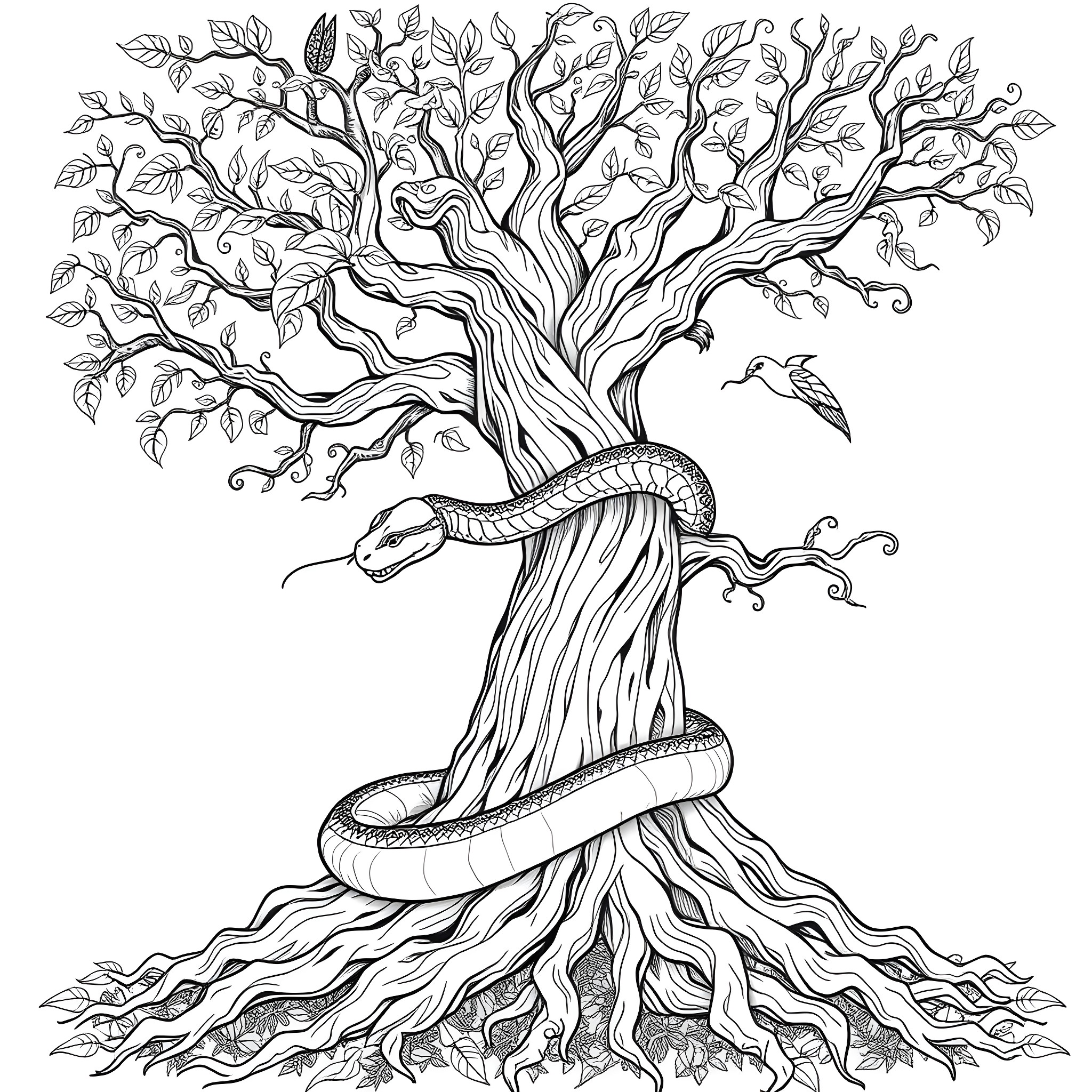 Uktena, the Serpent-Entwined Tree of Life Coloring Page (free black-and-white line drawing printable PDF for all, from beginners to advanced learners, including children, teens, adults, and seniors)