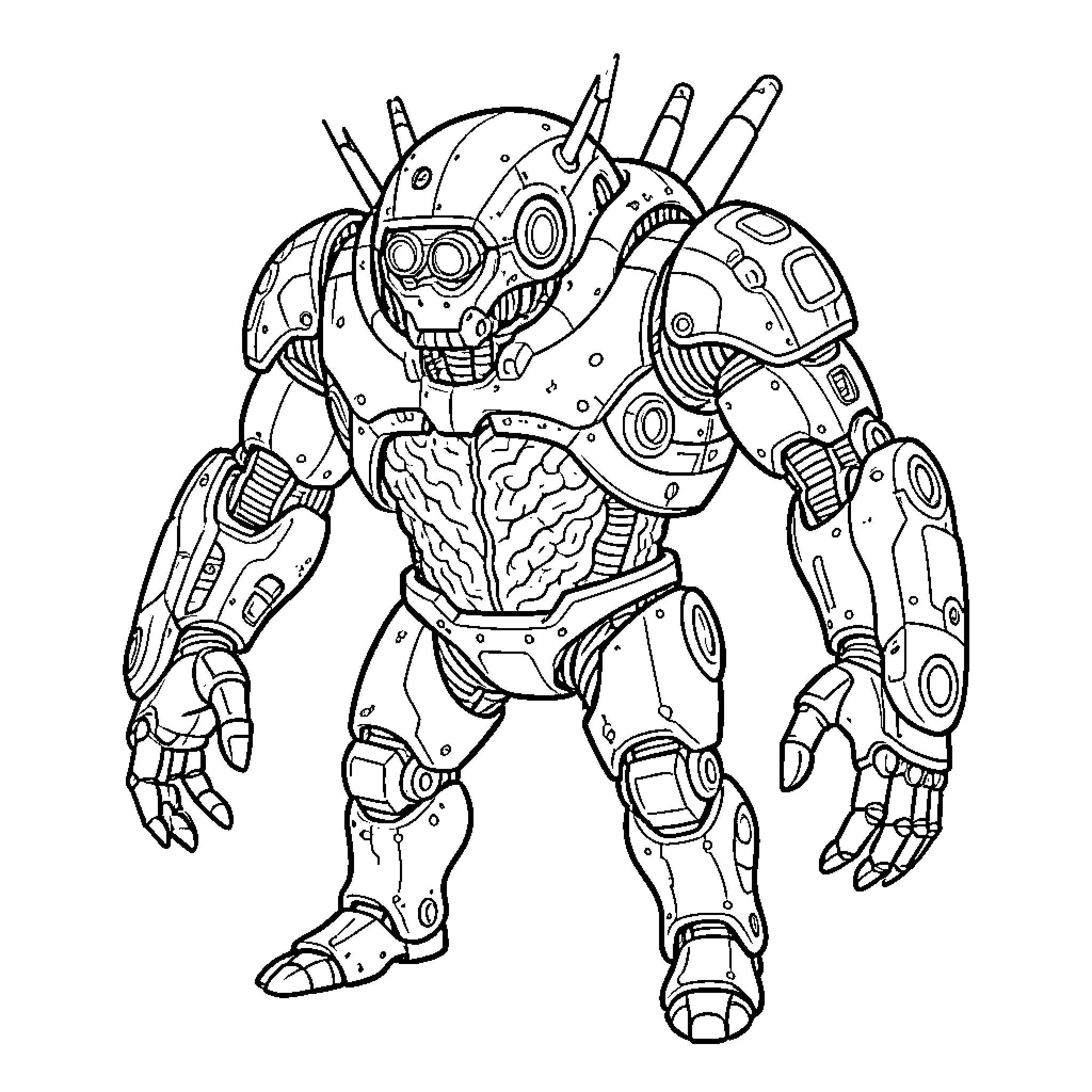 Cybernetic Organism Battles with Advanced Technology Coloring Page (free black-and-white line drawing printable PDF for all, from beginners to advanced learners, including children, teens, adults, and seniors)