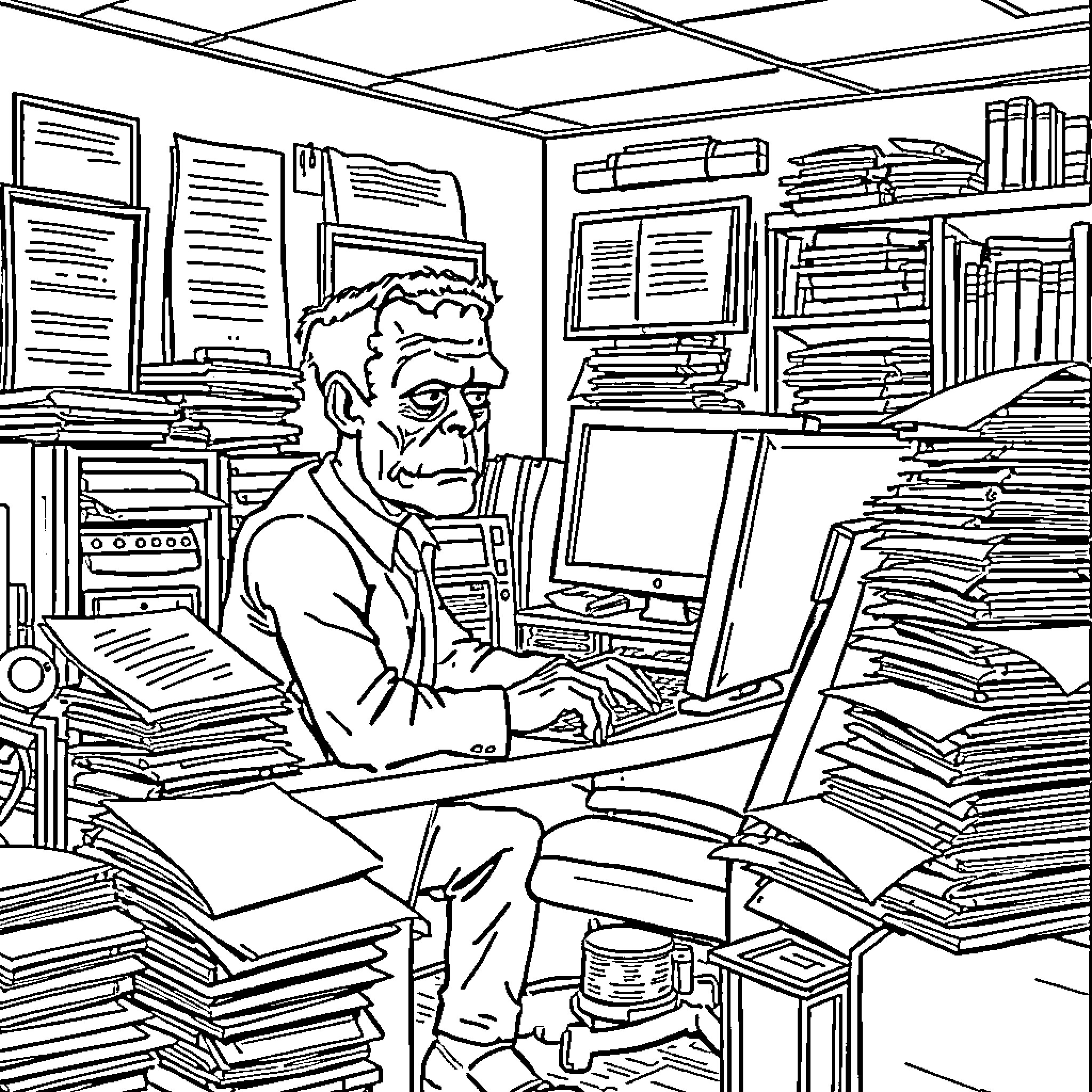 Frankenstein's Messy Study Coloring Page (free black-and-white line drawing printable PDF for all, from beginners to advanced learners, including children, teens, adults, and seniors)