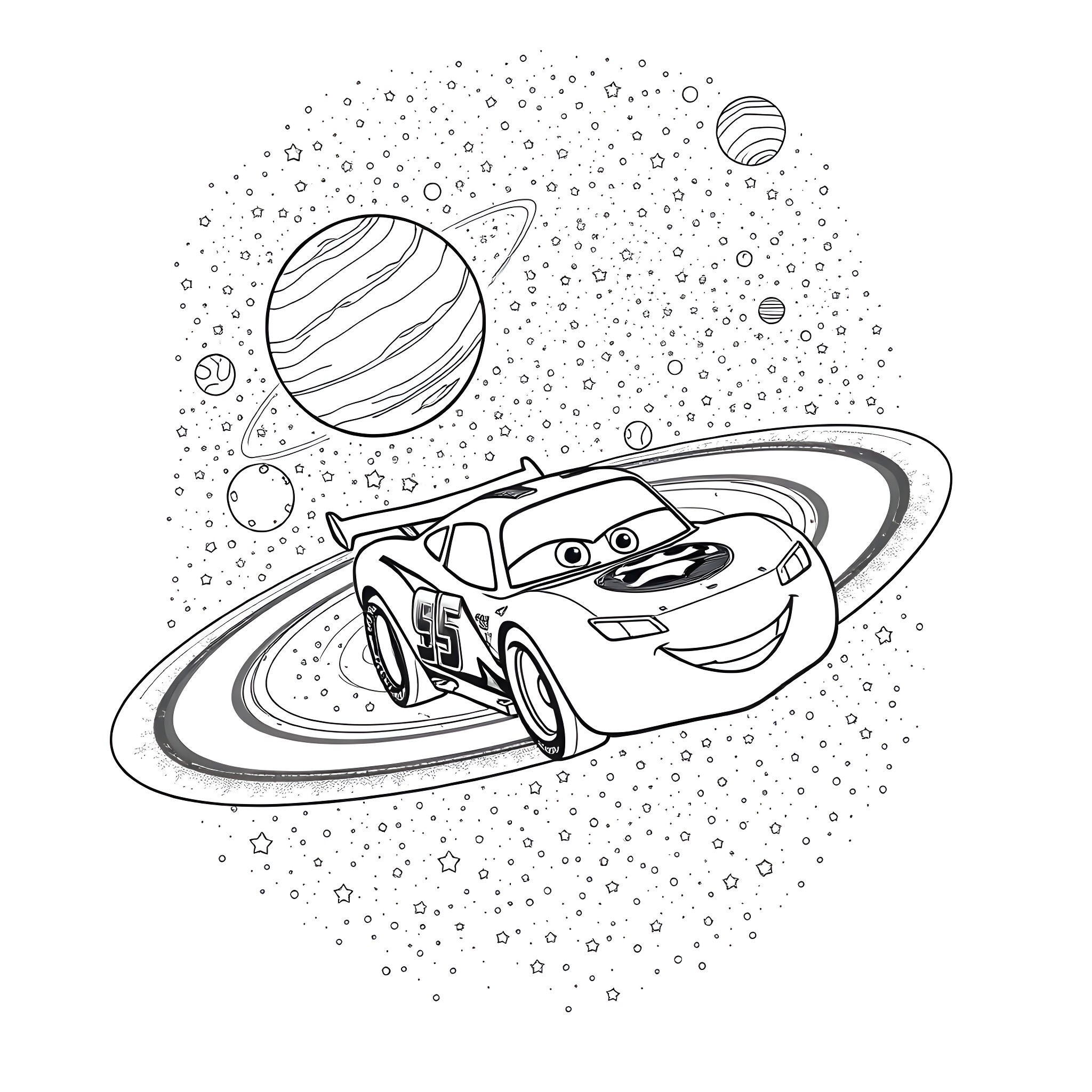 Lightning McQueen's Cosmic Adventure Coloring Page (free black-and-white line drawing printable PDF for all, from beginners to advanced learners, including children, teens, adults, and seniors)