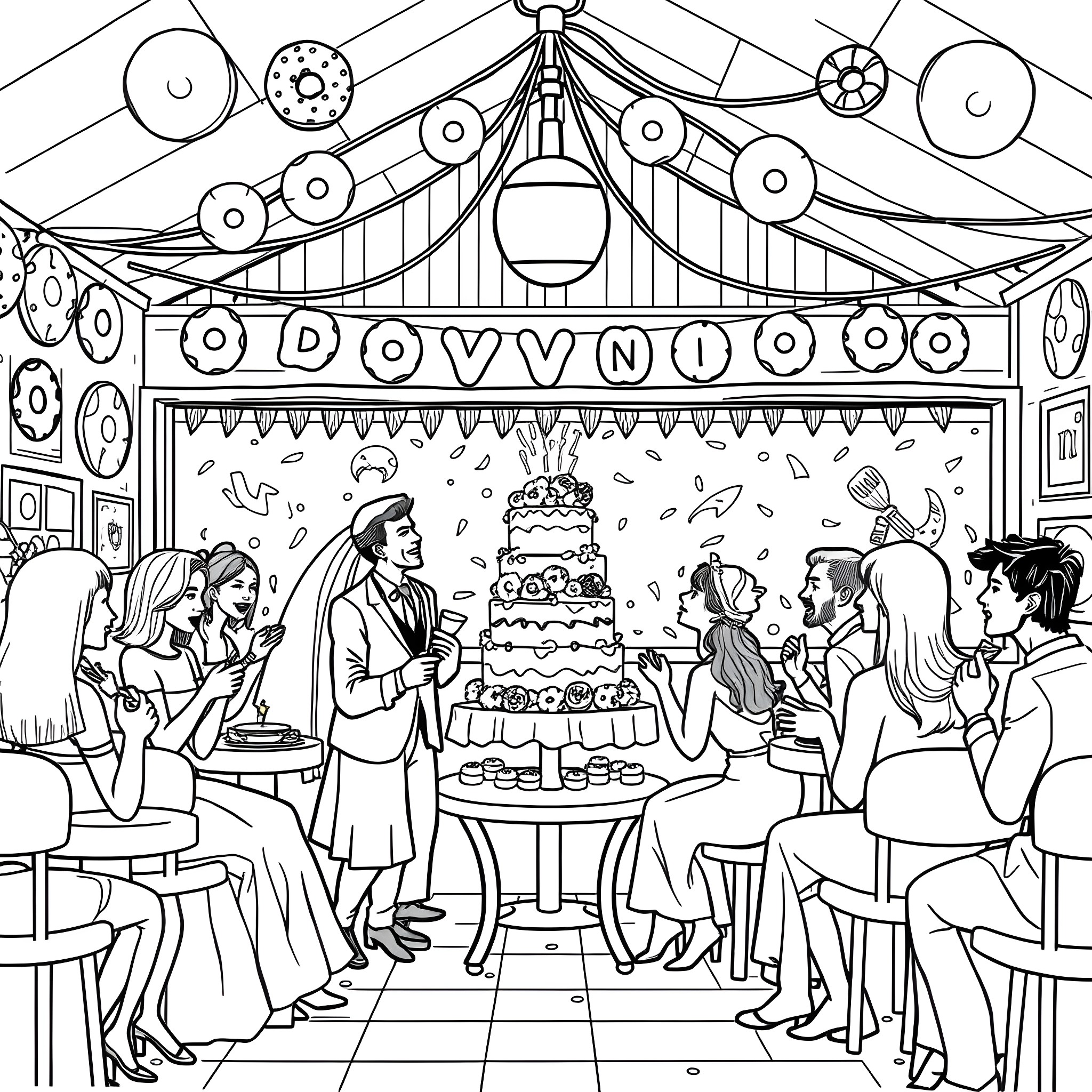 Wedding Celebration with Decorated Cake and Guests Coloring Page (free black-and-white line drawing printable PDF for all, from beginners to advanced learners, including children, teens, adults, and seniors)