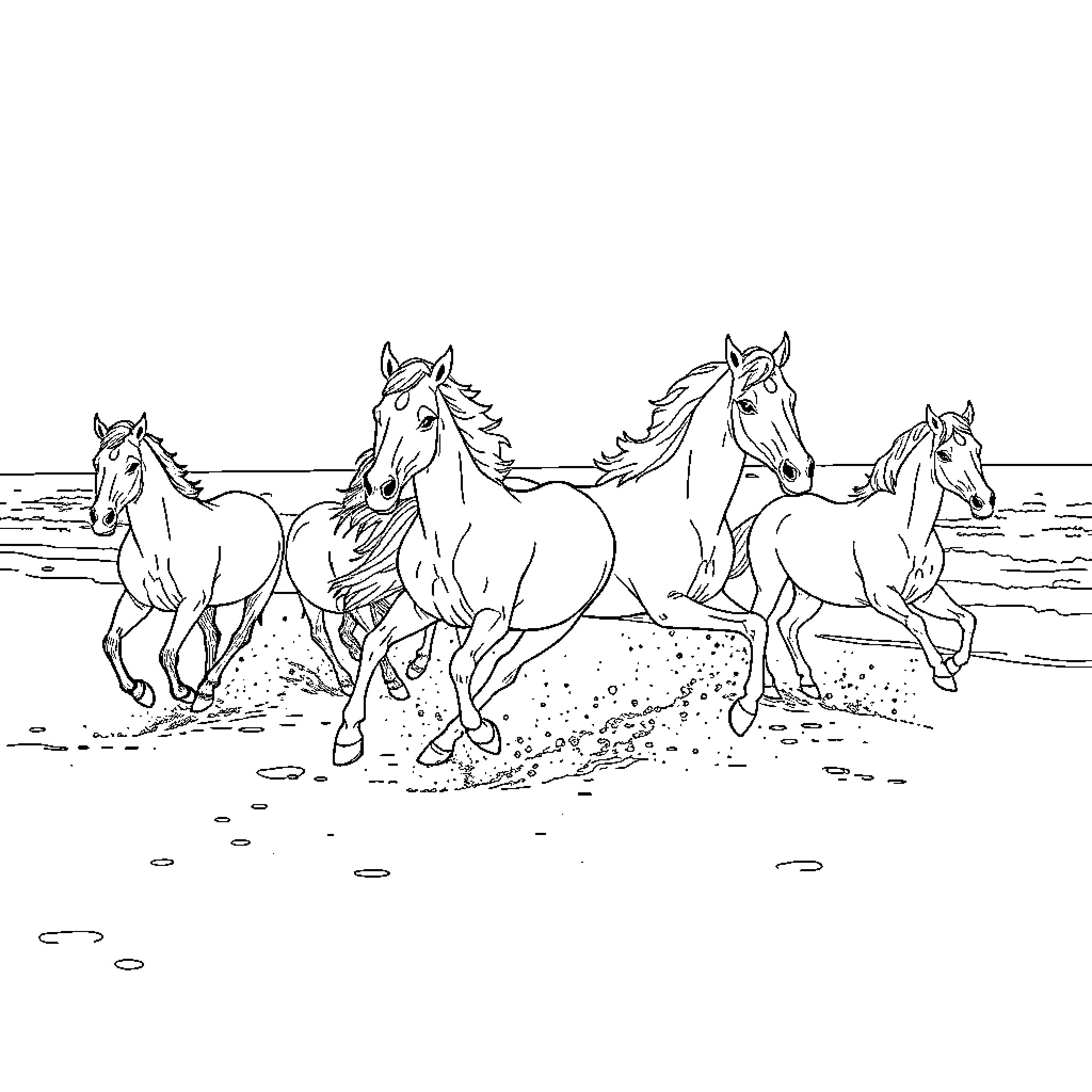 Horses running freely through open field Coloring Page (free black-and-white line drawing printable PDF for all, from beginners to advanced learners, including children, teens, adults, and seniors)