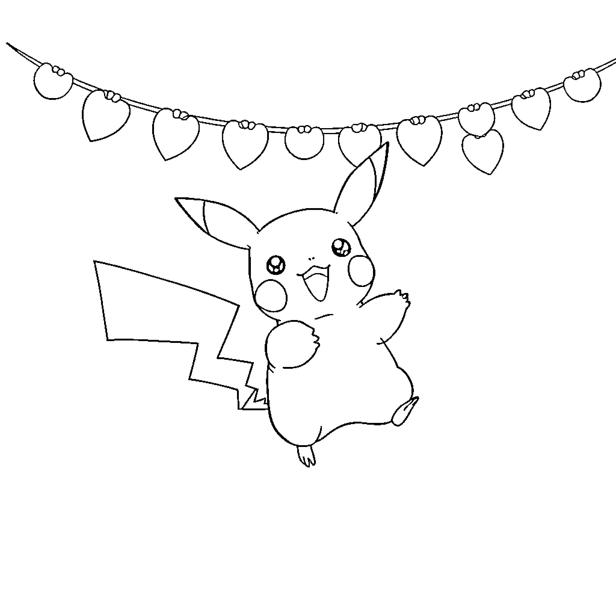 Pikachu playing with heart-shaped lights Coloring Page (free black-and-white line drawing printable PDF for all, from beginners to advanced learners, including children, teens, adults, and seniors)
