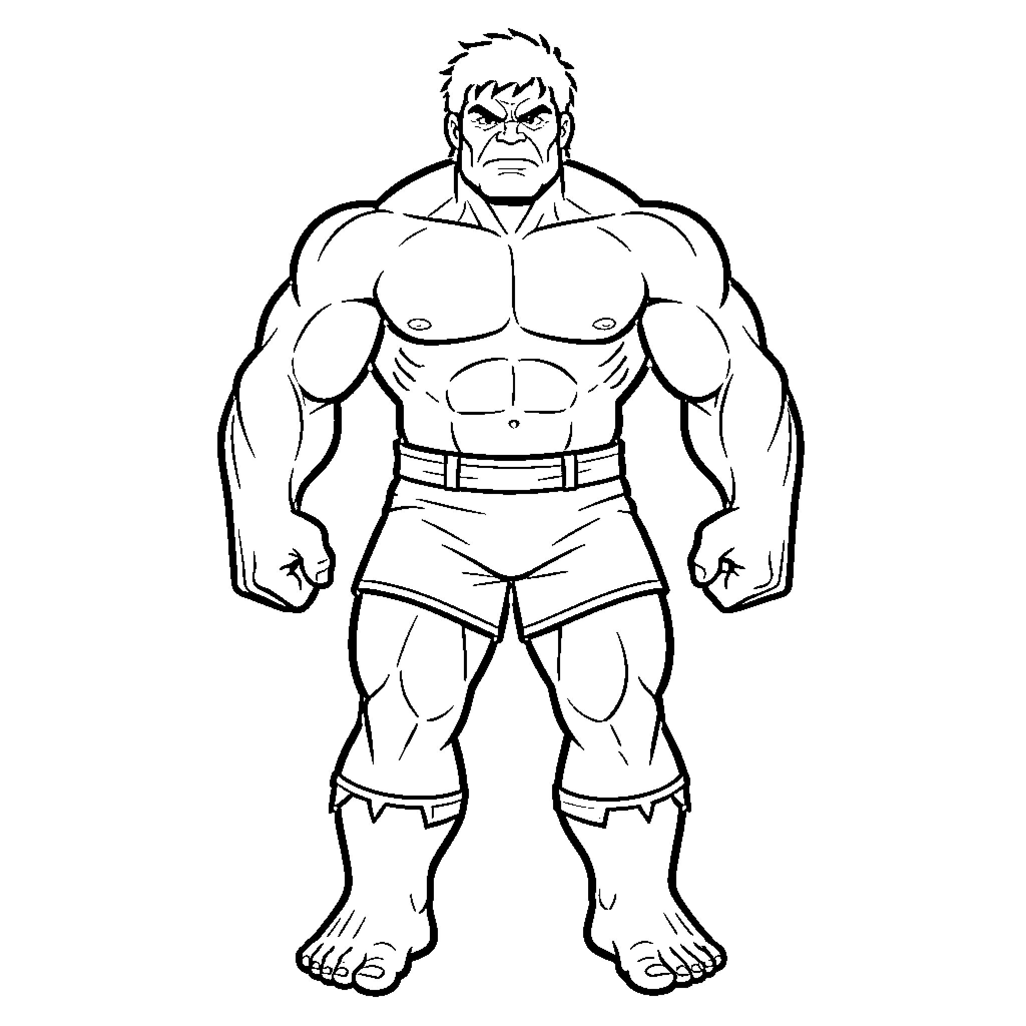 Hulk standing with a fierce and angry expression Coloring Page (free black-and-white line drawing printable PDF for all, from beginners to advanced learners, including children, teens, adults, and seniors)