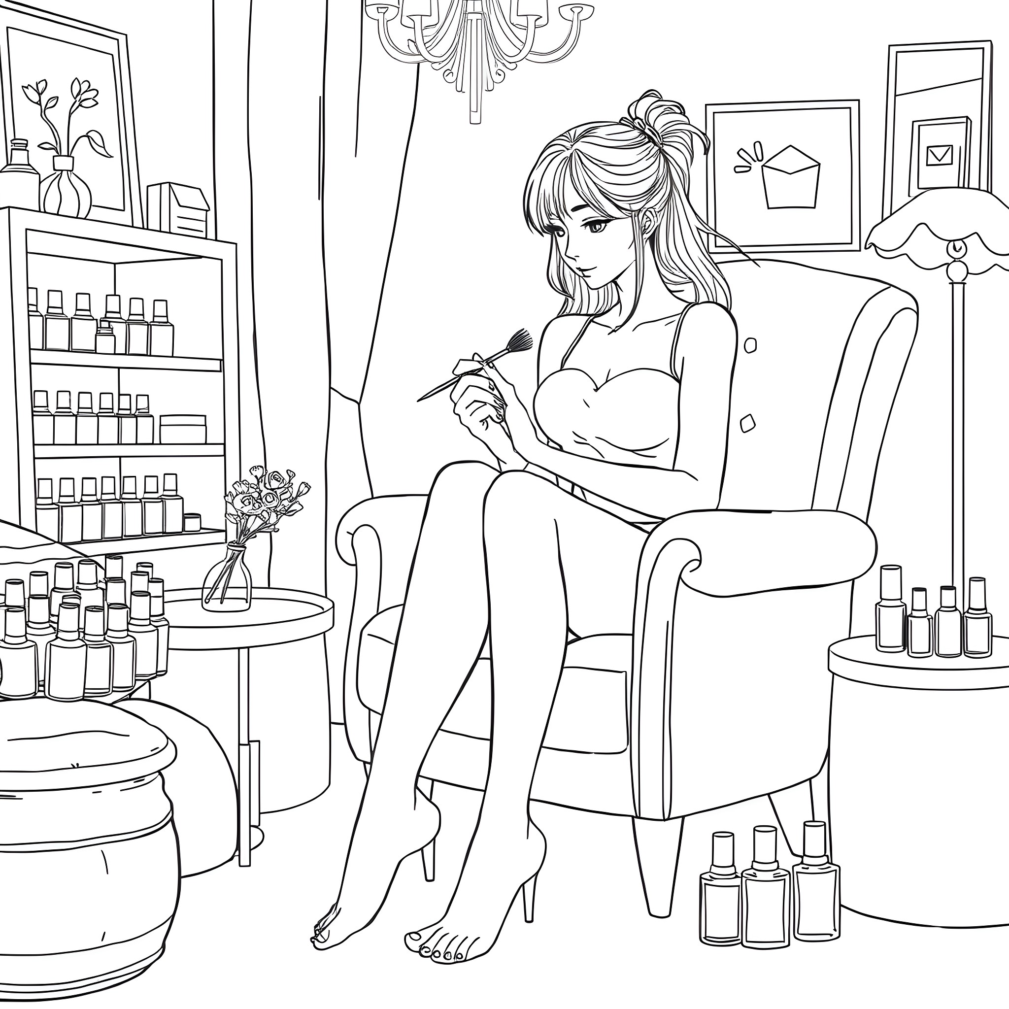 Shin Hati's Cozy Spa Moment Coloring Page (free black-and-white line drawing printable PDF for all, from beginners to advanced learners, including children, teens, adults, and seniors)