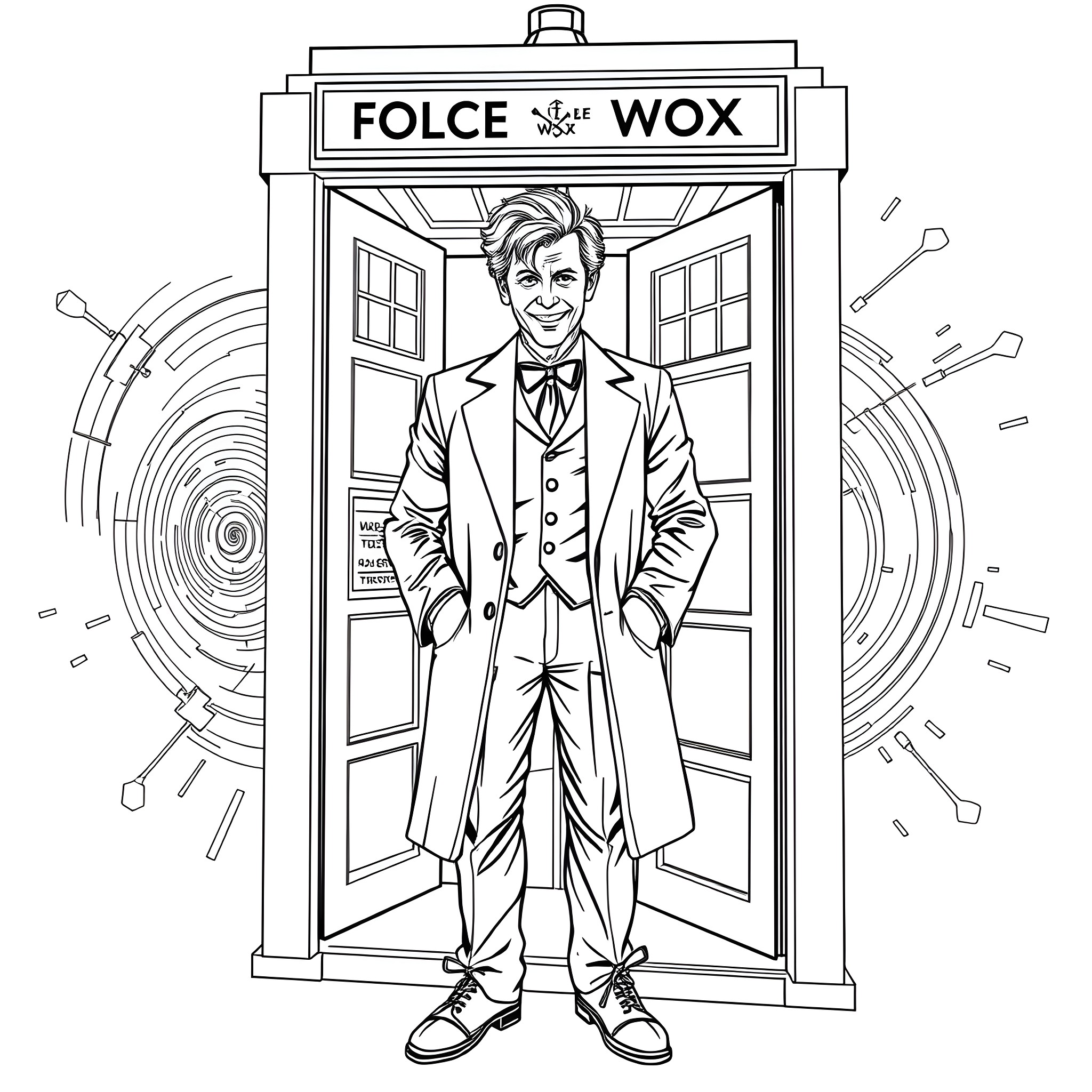 Tenth Doctor standing in front of the TARDIS Coloring Page (free black-and-white line drawing printable PDF for all, from beginners to advanced learners, including children, teens, adults, and seniors)