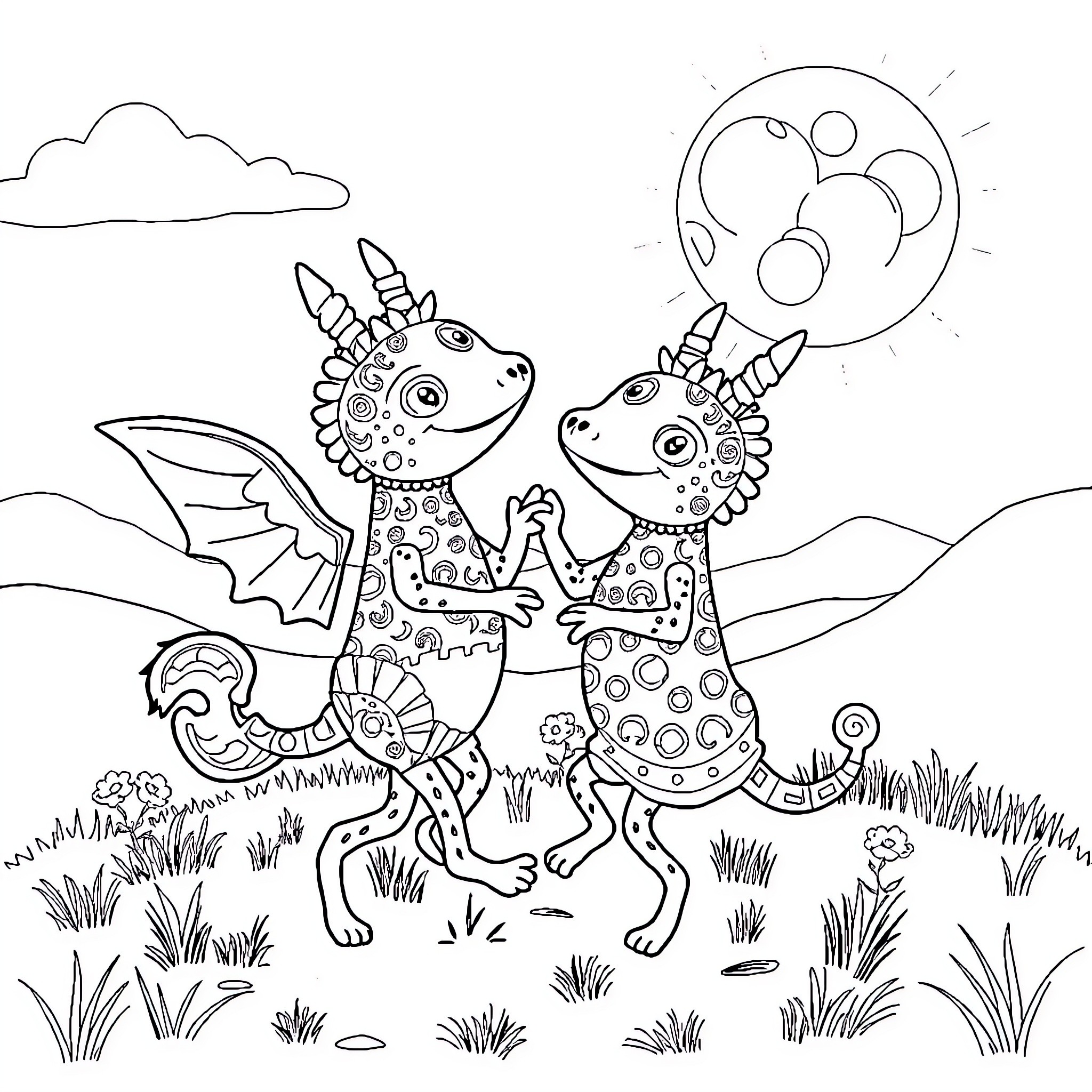 Labubu's Whimsical Dragon Playdate Coloring Page (free black-and-white line drawing printable PDF for all, from beginners to advanced learners, including children, teens, adults, and seniors)