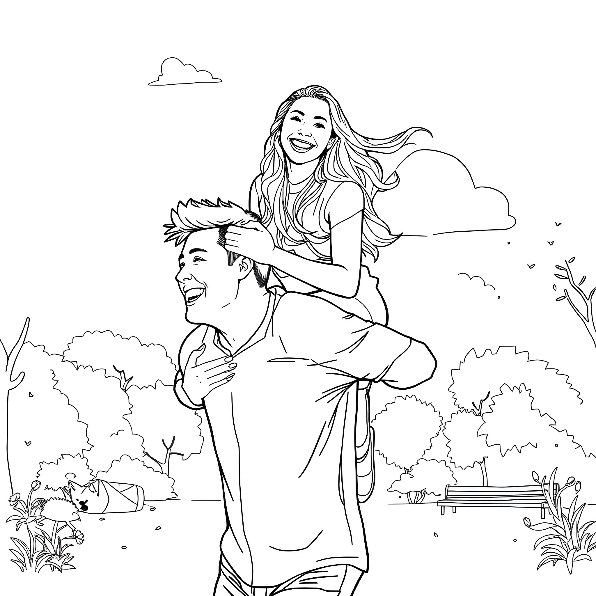 Wife enjoying a sunny day with her husband Coloring Page (free black-and-white line drawing printable PDF for all, from beginners to advanced learners, including children, teens, adults, and seniors)