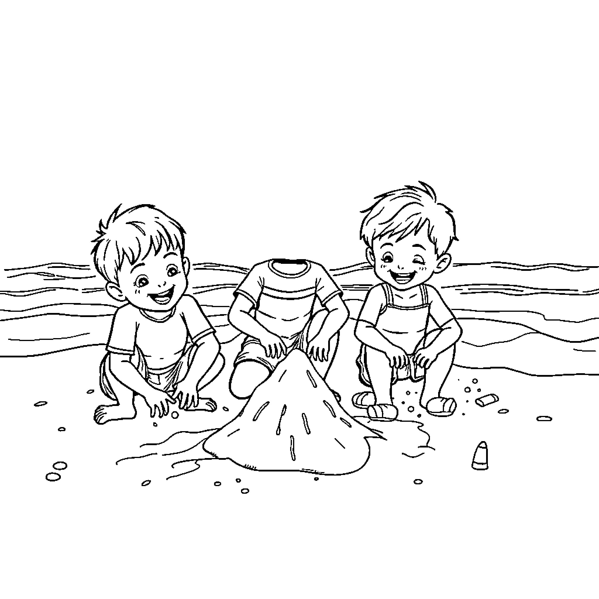 Boys playing happily in the sand Coloring Page (free black-and-white line drawing printable PDF for all, from beginners to advanced learners, including children, teens, adults, and seniors)