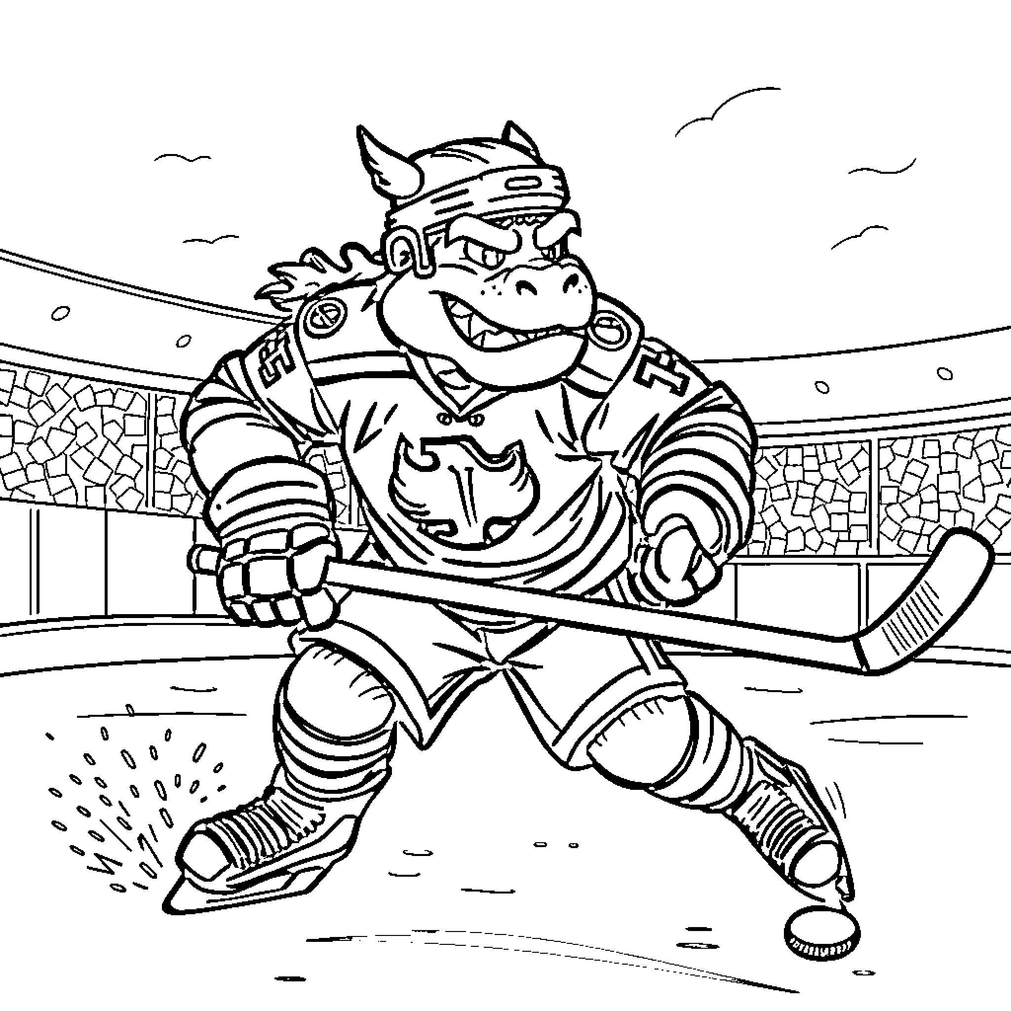 Rocky the Fierce Hockey Player in Action Coloring Page (free black-and-white line drawing printable PDF for all, from beginners to advanced learners, including children, teens, adults, and seniors)