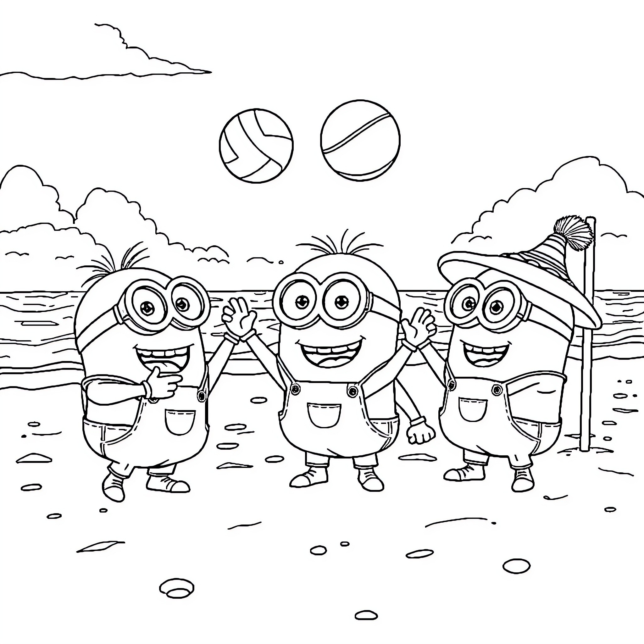 Minions enjoying a day at the beach Coloring Page (free black-and-white line drawing printable PDF for all, from beginners to advanced learners, including children, teens, adults, and seniors)