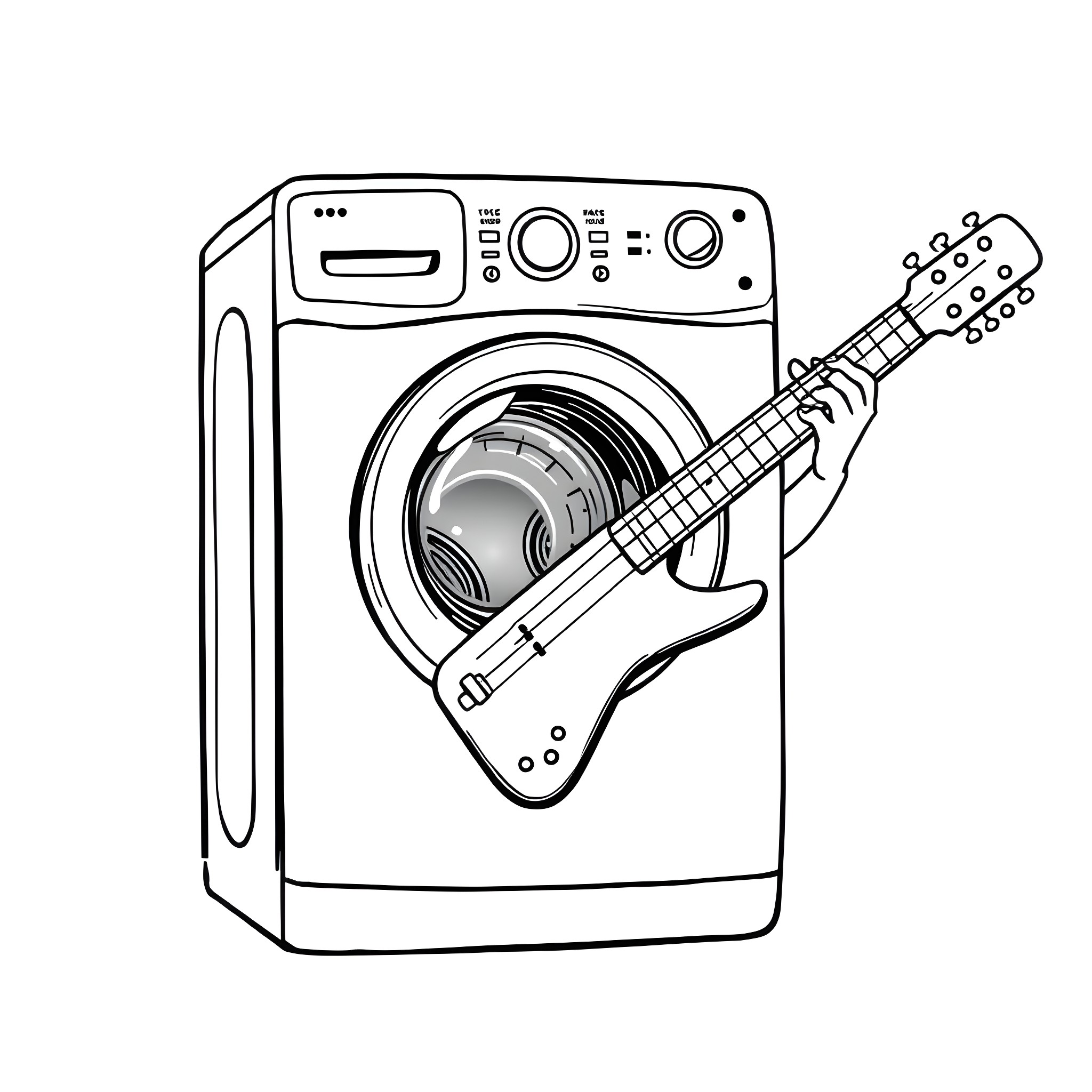 Washing Machine with Musical Instruments Coloring Page (free black-and-white line drawing printable PDF for all, from beginners to advanced learners, including children, teens, adults, and seniors)