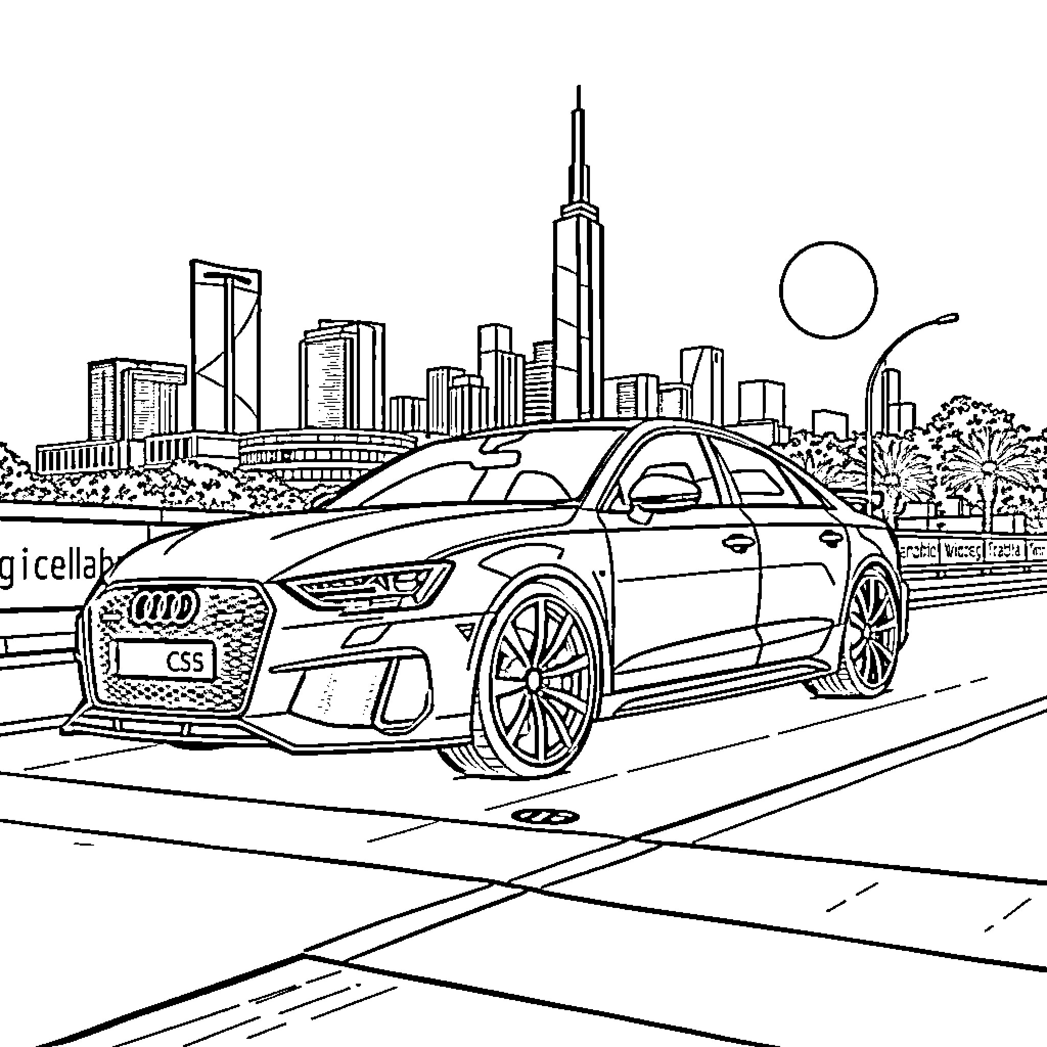Audi luxury car on city street with skyscrapers Coloring Page (free black-and-white line drawing printable PDF for all, from beginners to advanced learners, including children, teens, adults, and seniors)