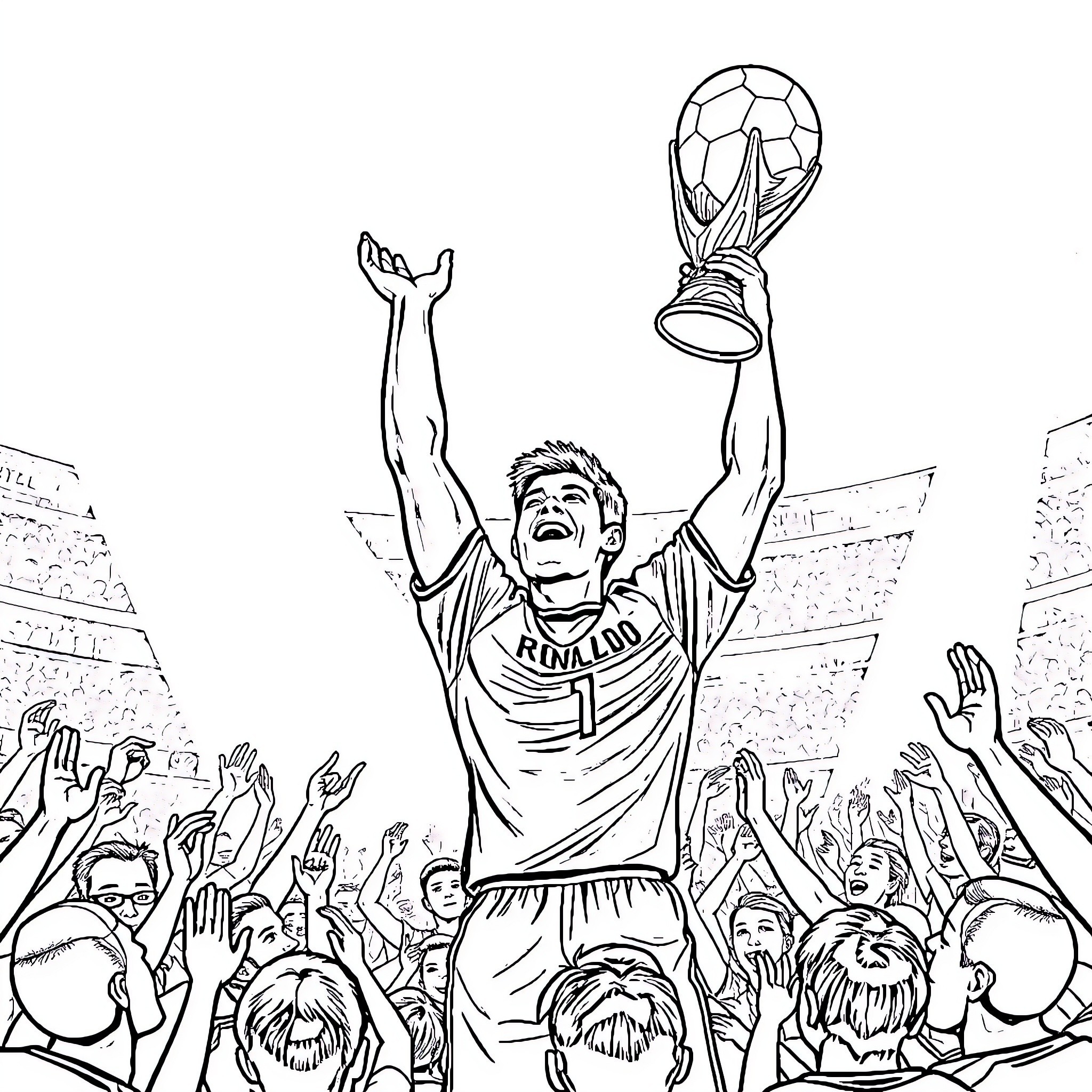 Ronaldo celebrating victory with trophy and fans Coloring Page (free black-and-white line drawing printable PDF for all, from beginners to advanced learners, including children, teens, adults, and seniors)