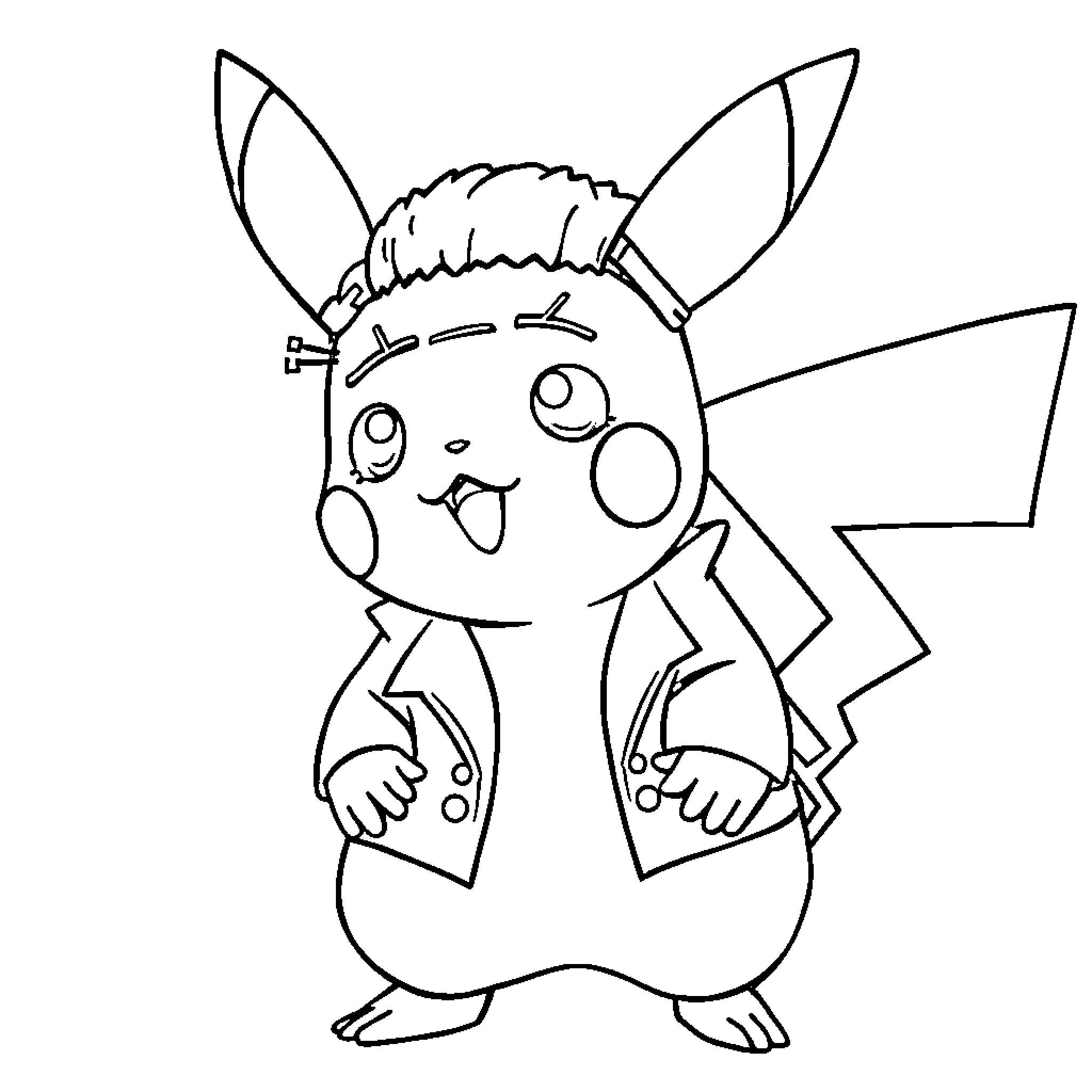 Pikachu with bandages and a silly expression Coloring Page (free black-and-white line drawing printable PDF for all, from beginners to advanced learners, including children, teens, adults, and seniors)
