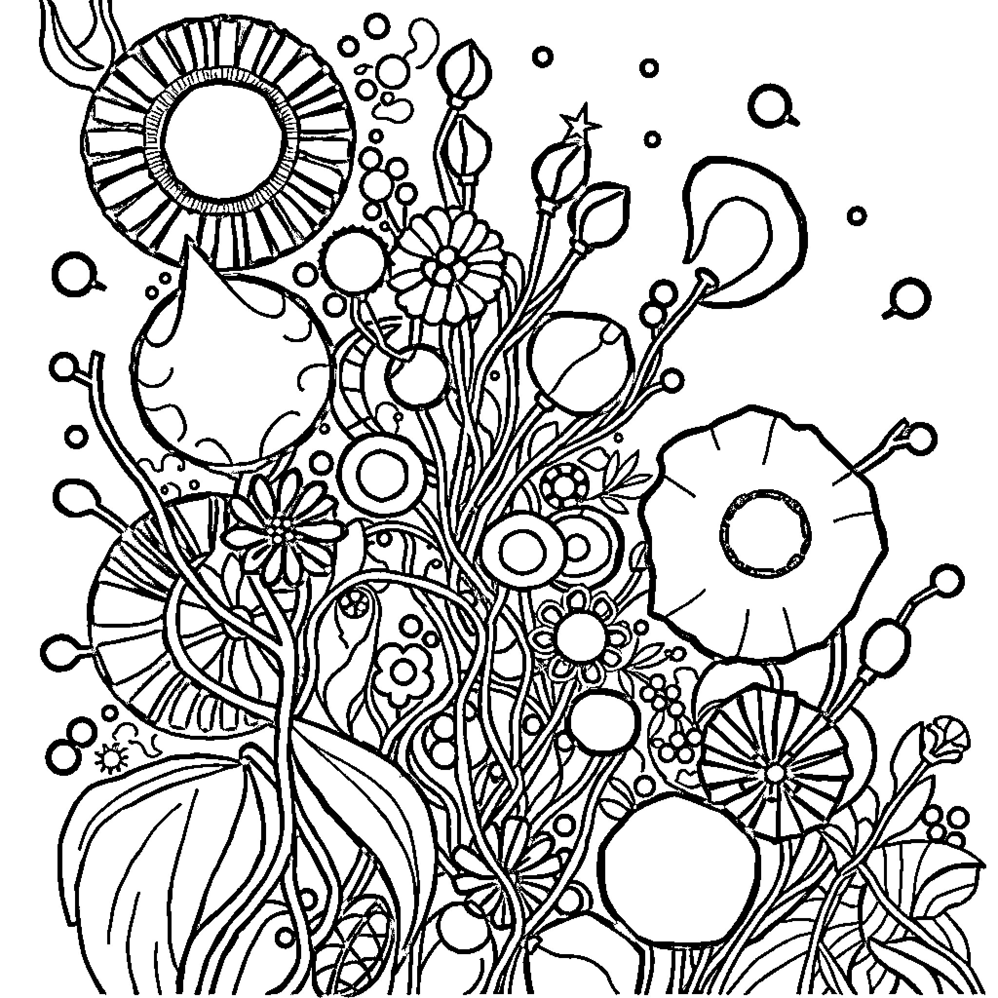 Drawing of Abstract Floral Patterns and Shapes Coloring Page (free black-and-white line drawing printable PDF for all, from beginners to advanced learners, including children, teens, adults, and seniors)