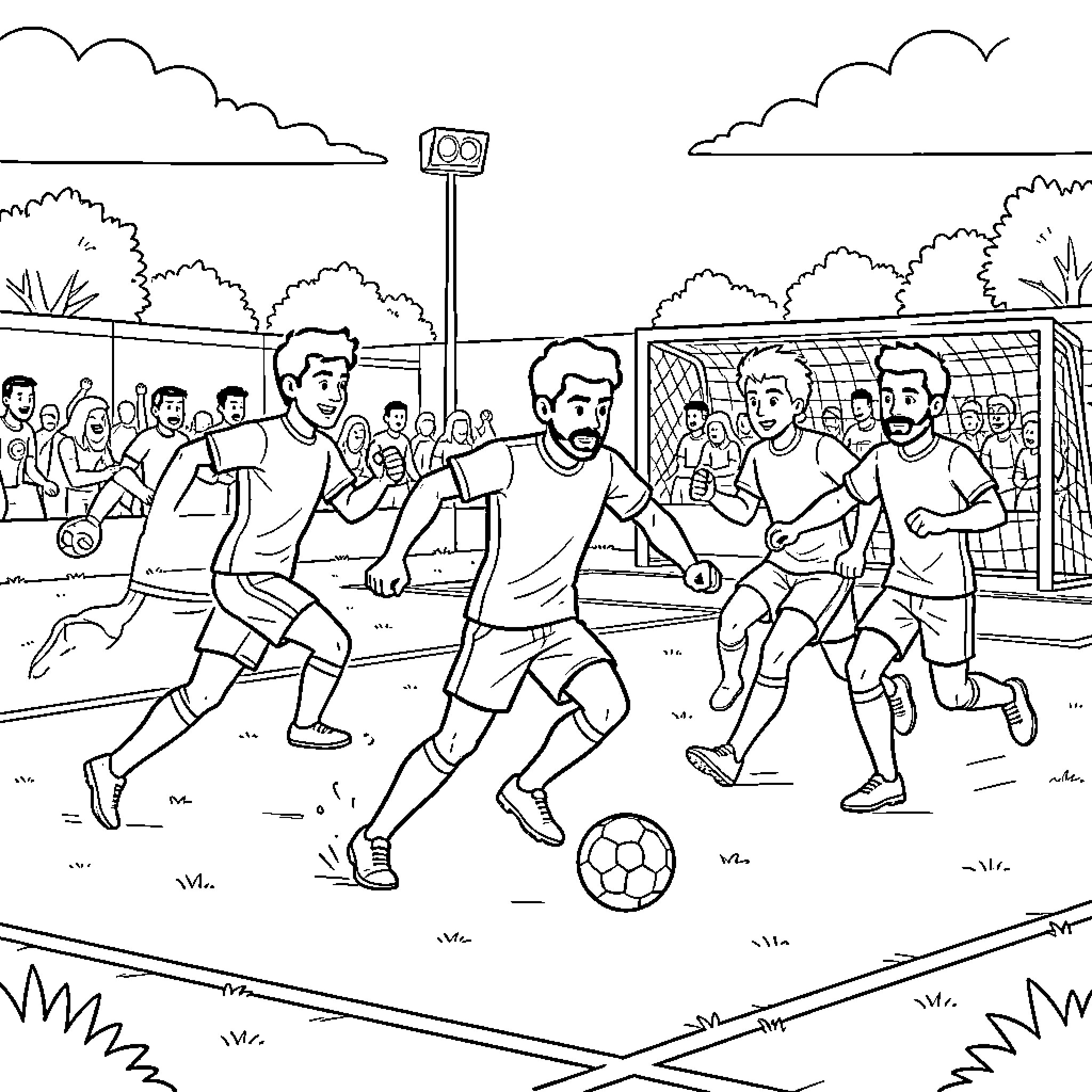 Riad playing soccer with friends on the field Coloring Page (free black-and-white line drawing printable PDF for all, from beginners to advanced learners, including children, teens, adults, and seniors)