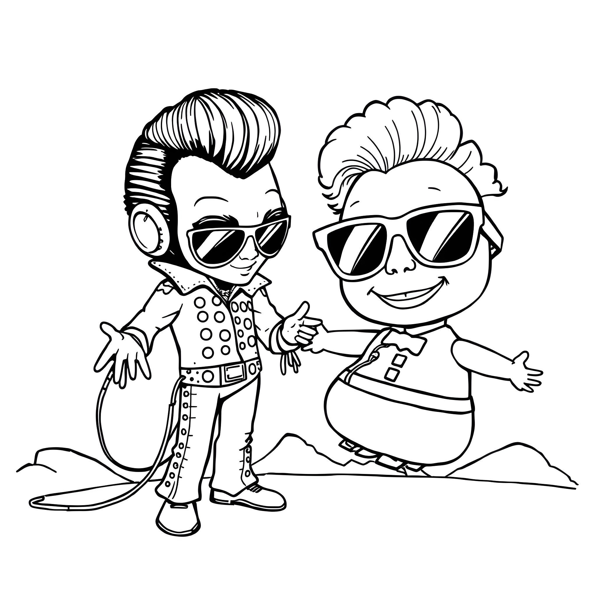 Alien characters in stylish outfits and accessories Coloring Page (free black-and-white line drawing printable PDF for all, from beginners to advanced learners, including children, teens, adults, and seniors)