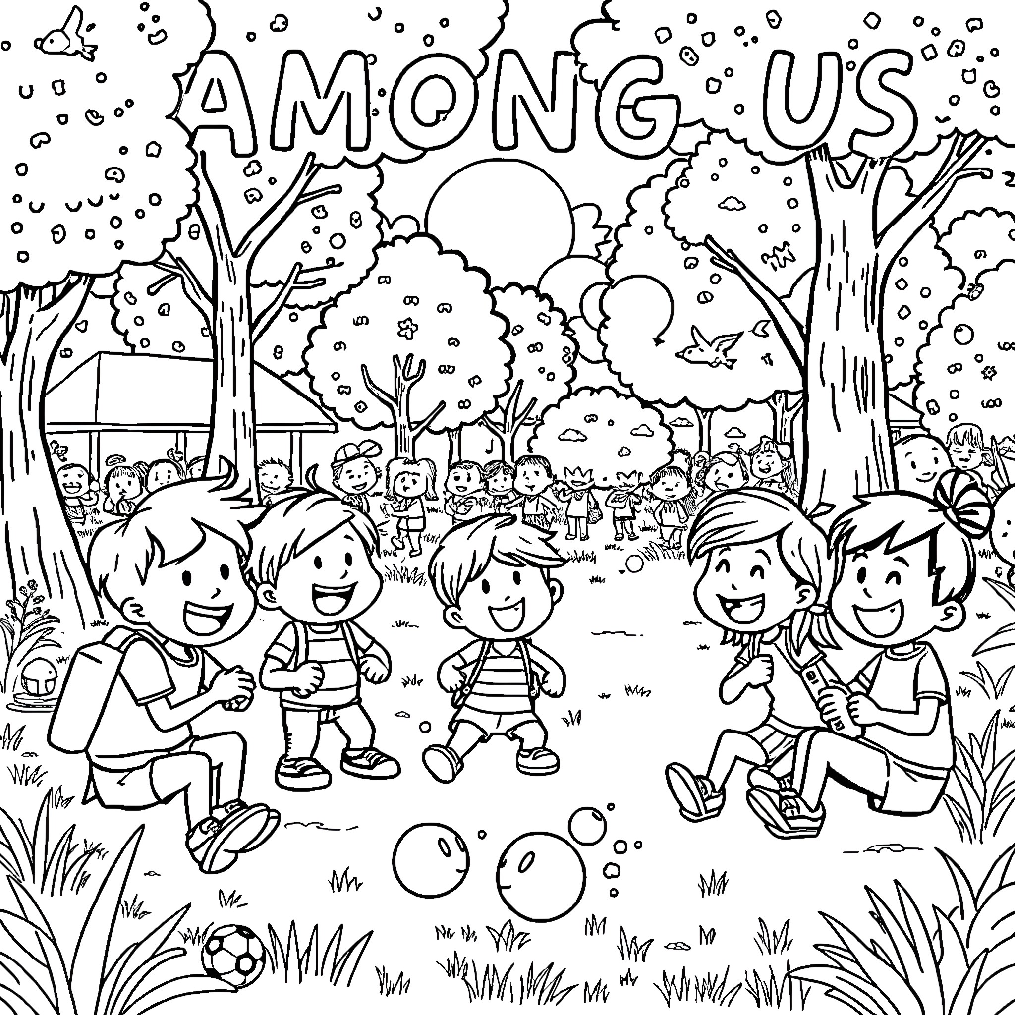 Among Us characters playing joyfully in the park Coloring Page (free black-and-white line drawing printable PDF for all, from beginners to advanced learners, including children, teens, adults, and seniors)
