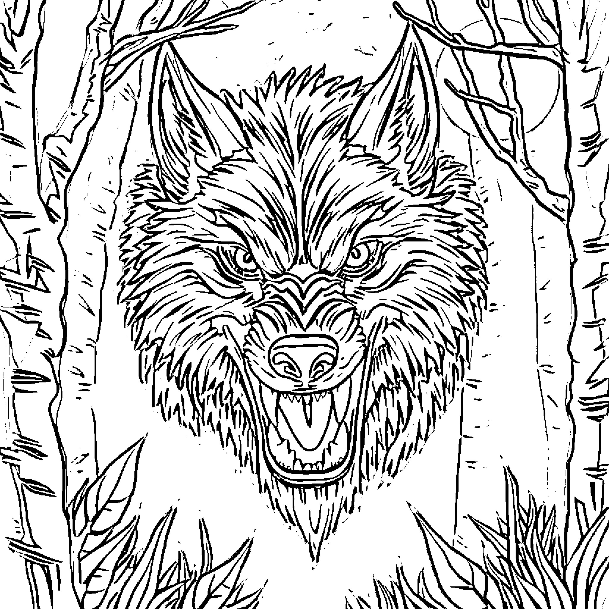 Wolf Growling Ferociously in the Wilderness Coloring Page (free black-and-white line drawing printable PDF for all, from beginners to advanced learners, including children, teens, adults, and seniors)