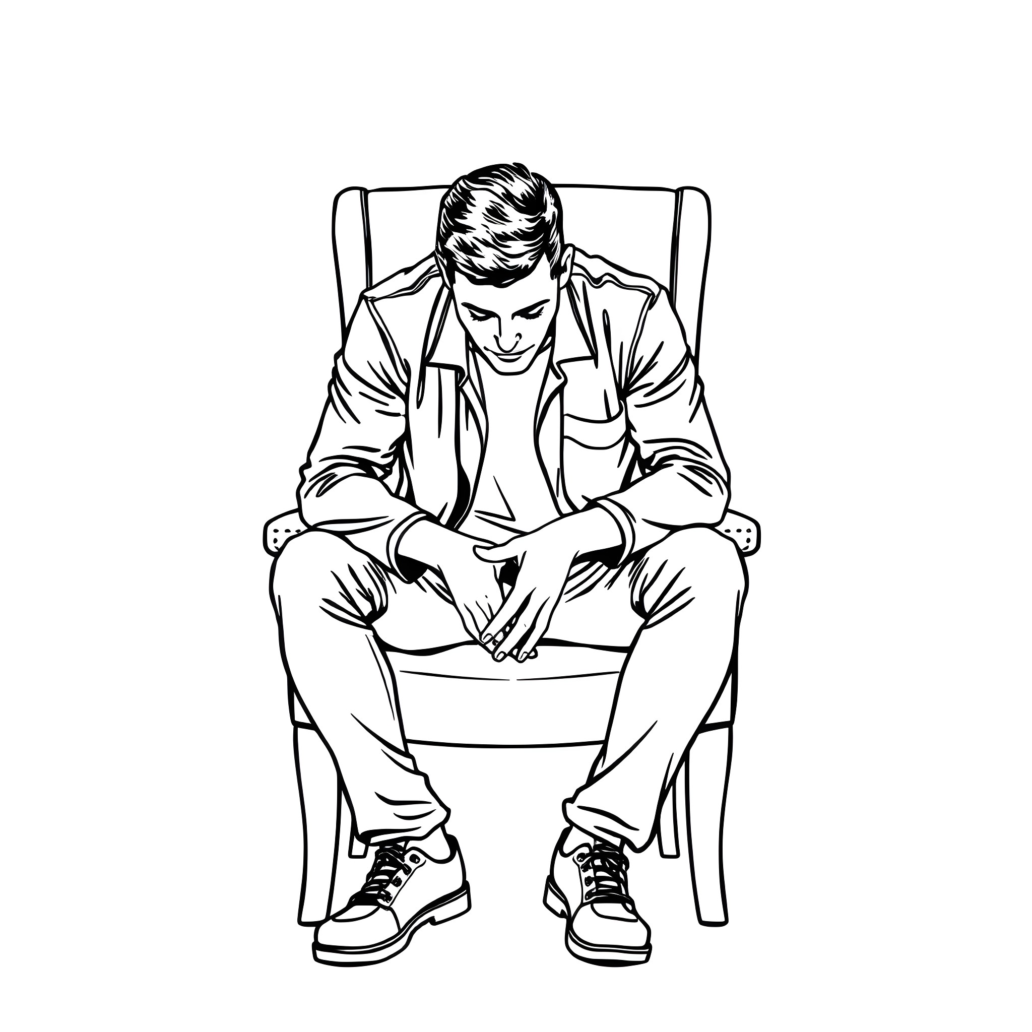 Man sitting in chair with casual outfit Coloring Page (free black-and-white line drawing printable PDF for all, from beginners to advanced learners, including children, teens, adults, and seniors)