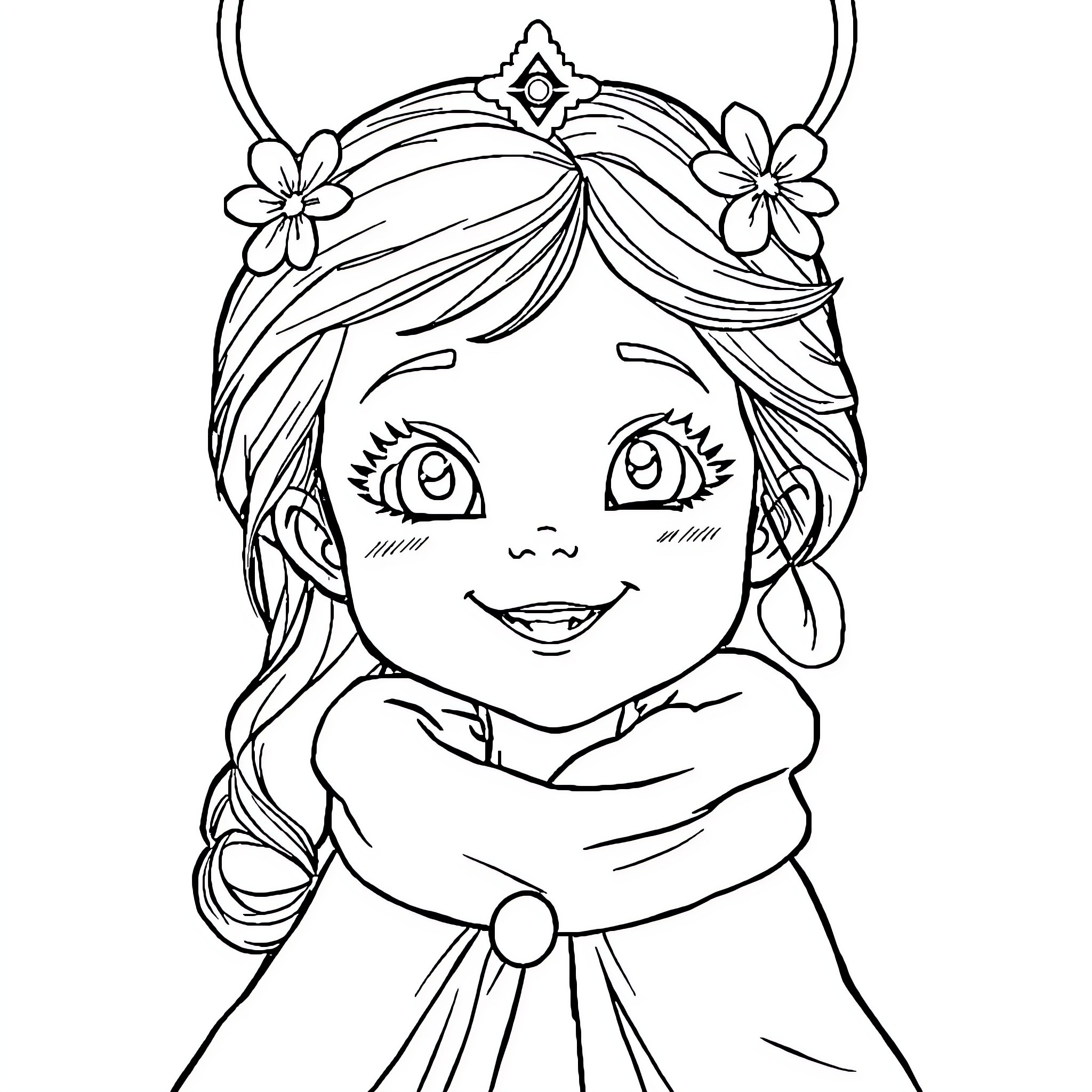 Fille with flower crown in smiling expression Coloring Page (free black-and-white line drawing printable PDF for all, from beginners to advanced learners, including children, teens, adults, and seniors)