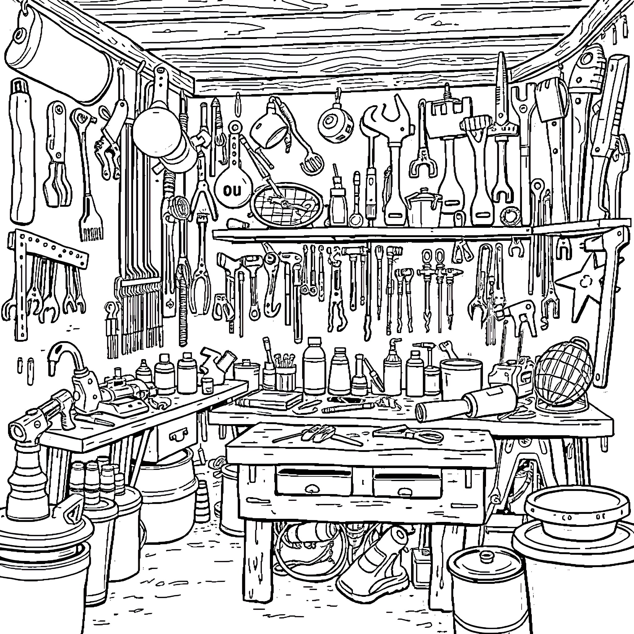 Tool Assortment of Household Items and Tools Coloring Page (free black-and-white line drawing printable PDF for all, from beginners to advanced learners, including children, teens, adults, and seniors)